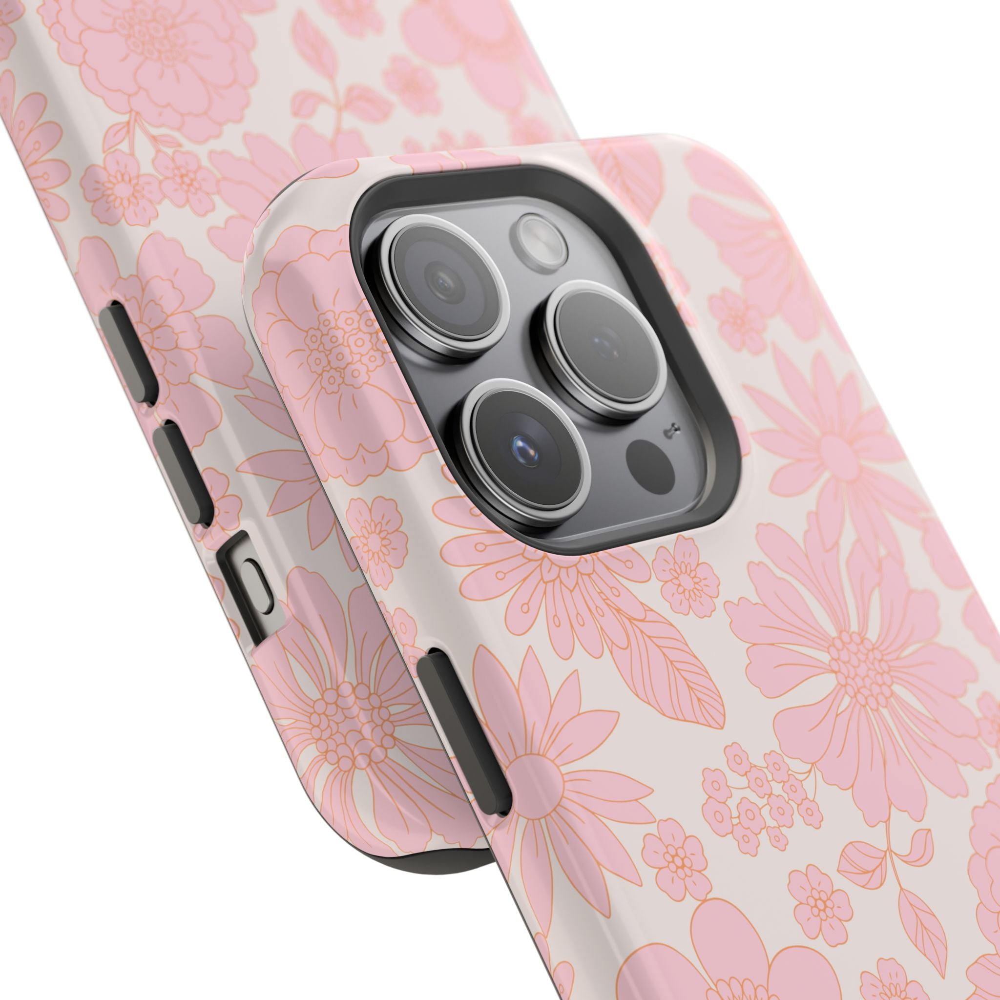 Pink floral iPhone 16 MagSafe case, charming petals design, cute phone cover for a cottagecore aesthetic.