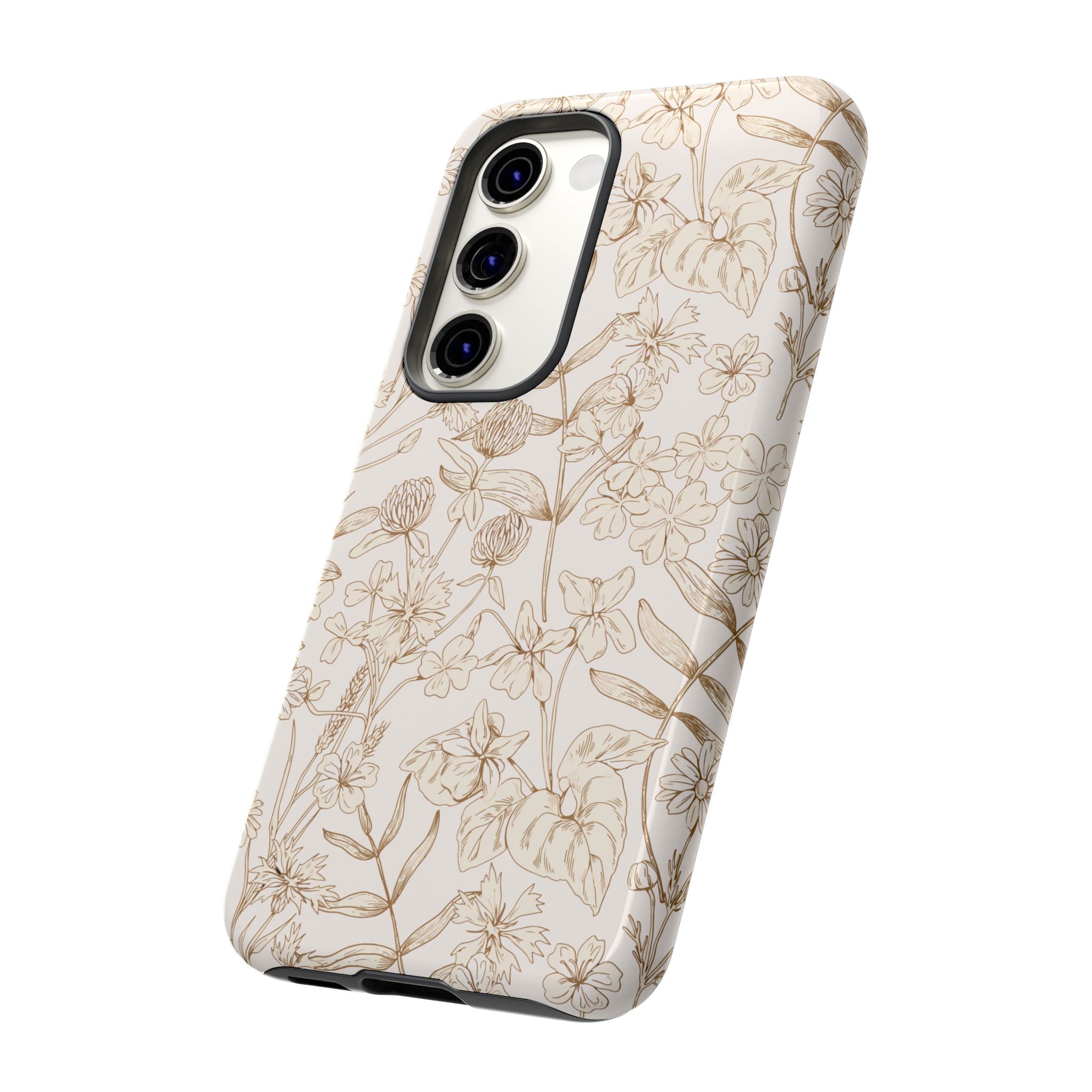 Beige Thyme Tan Garden case with floral design, cute phone case for Samsung, compatible with iPhone 16, beige and tan colors.