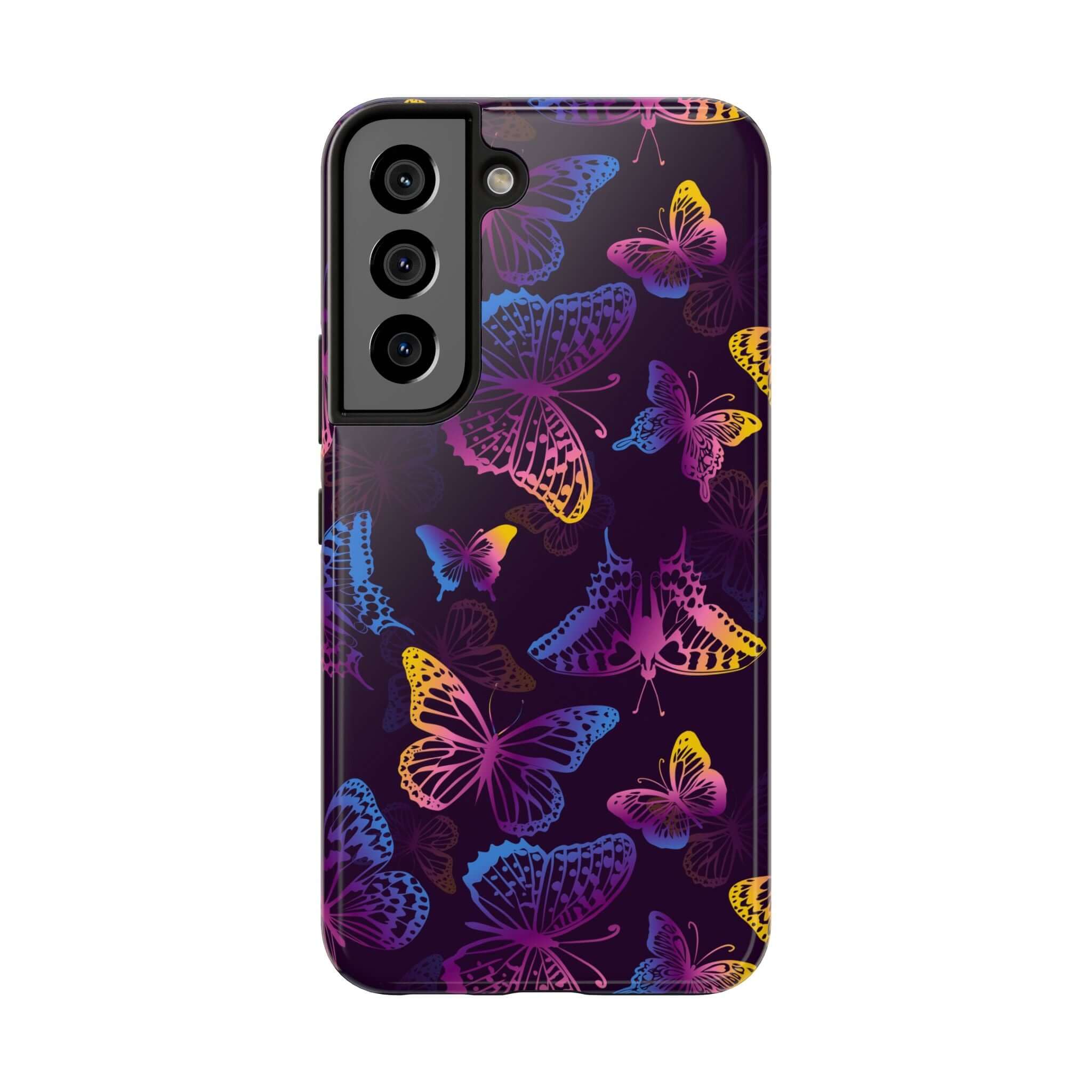 Midnight Flutter black butterfly MagSafe iPhone case with vibrant floral design – cute phone cover for butterfly lovers.