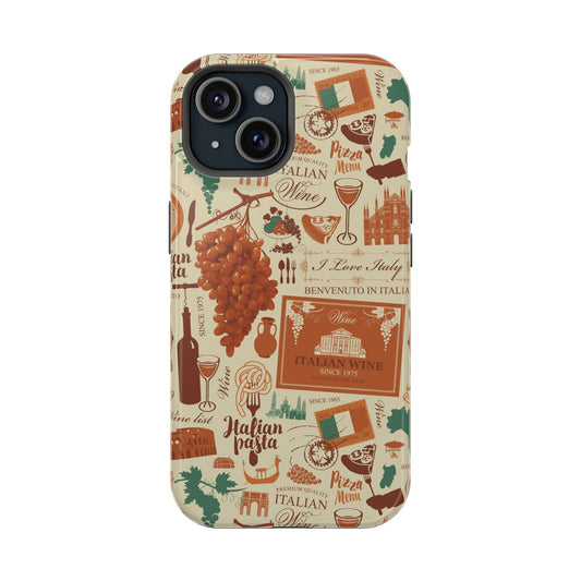 Viva Toscana cute phone case for iPhone 15 with Italian-themed design, showing wine, pasta, and landmarks.