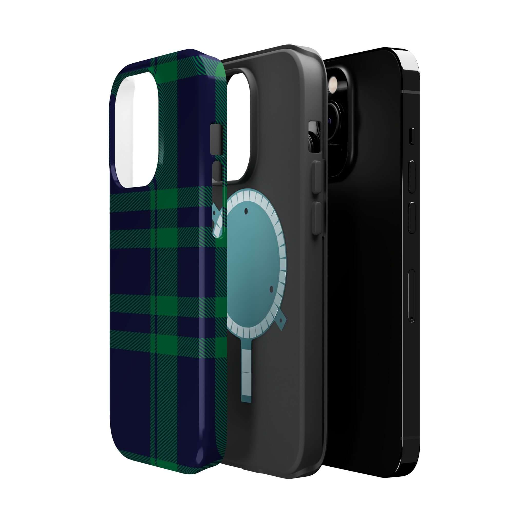 Mistletoe Plaid MagSafe Case showcases a cute plaid design alongside sleek black phone covers, perfect for the festive season.