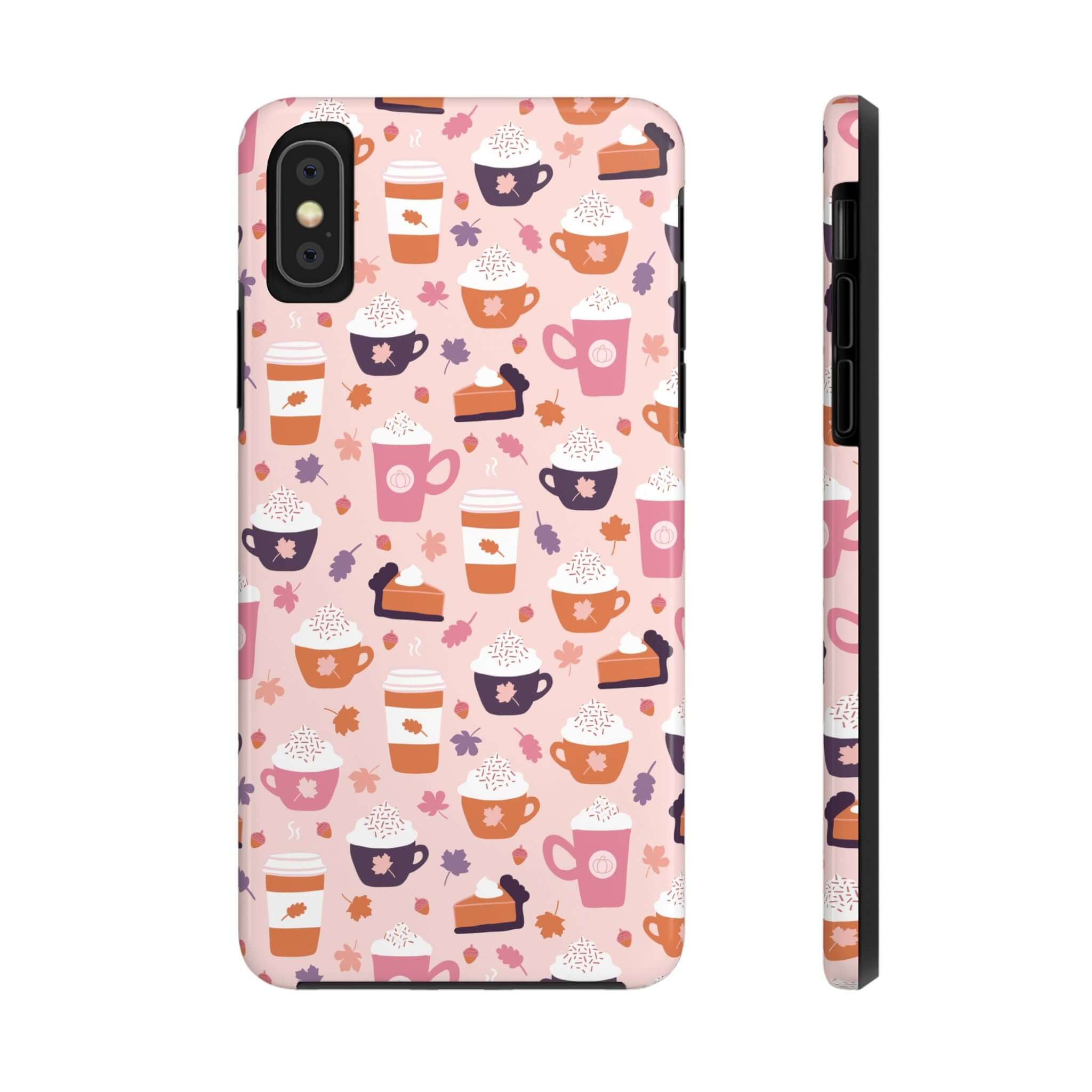 Cute PSL Vibes iPhone case with fall drinks pattern, perfect for iPhone 15. Durable design for pumpkin spice lovers. Stylish phone upgrade.