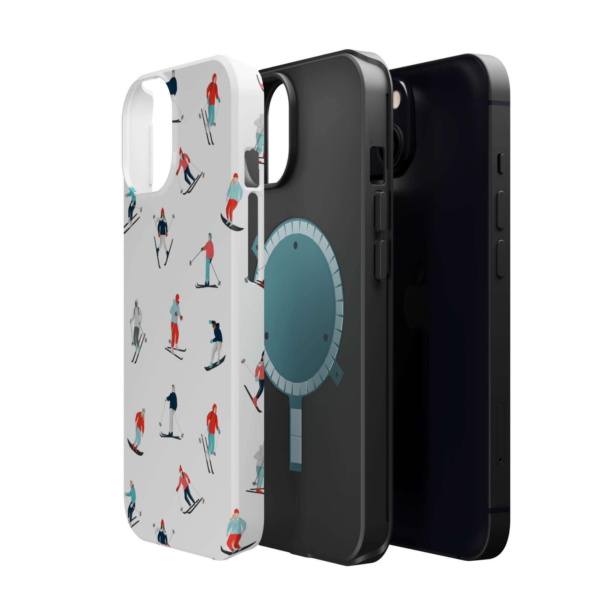 Cute Snowy Slopes phone case alongside a sleek black case, perfect for winter sports lovers and iPhone protection.