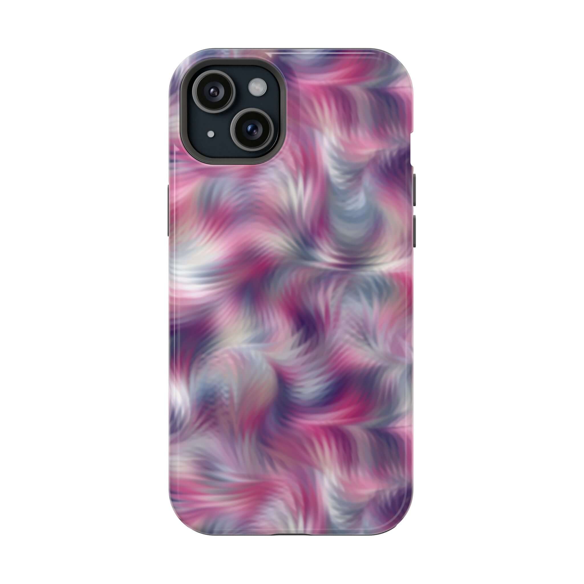 MagSafe iPhone case with purple tie dye swirl design, cute floral abstract phone cover, quirky protective accessory.