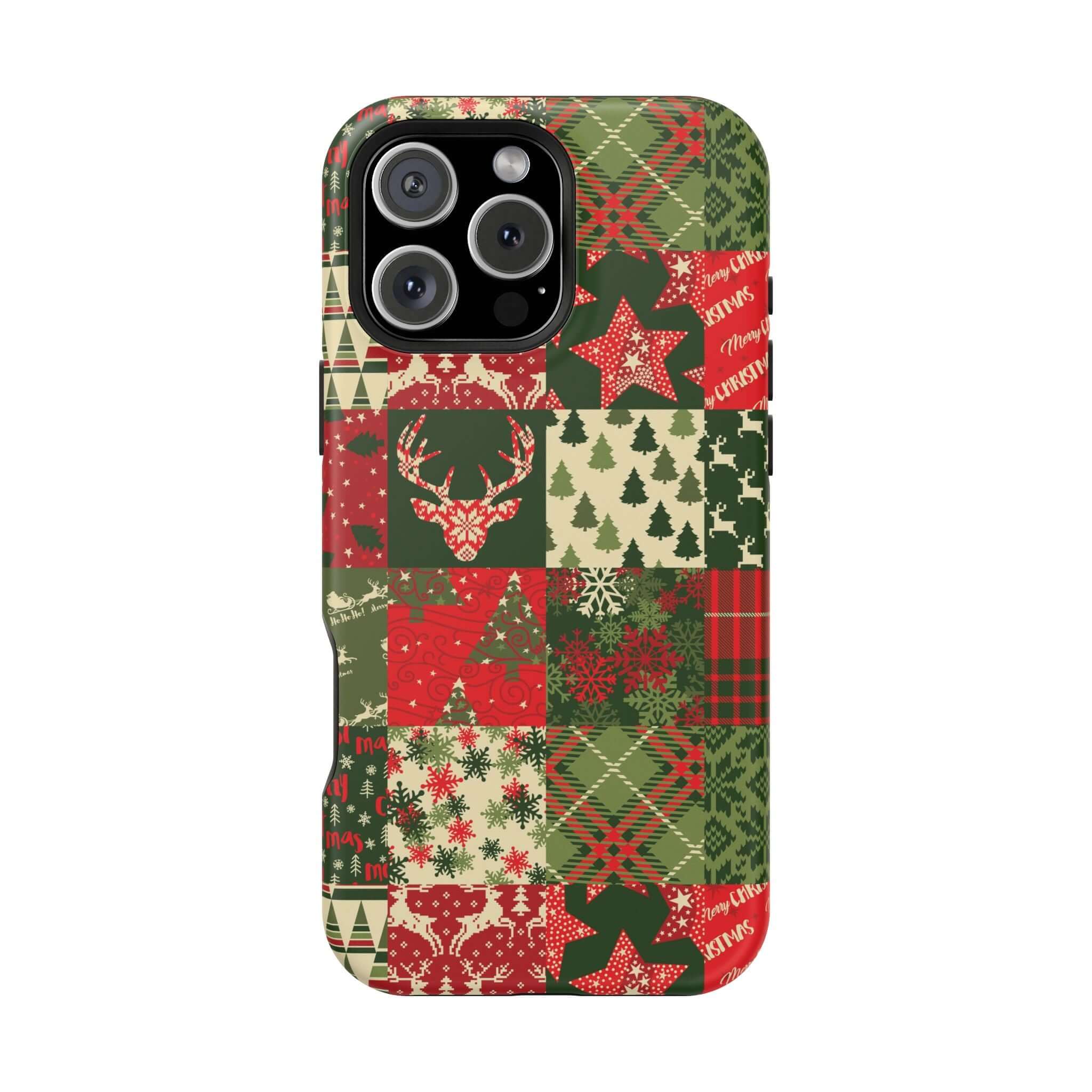 Cozy Quiltmas MagSafe case with festive red and green quilt pattern, perfect Xmas phone cover for holiday cheer and secure attachment.