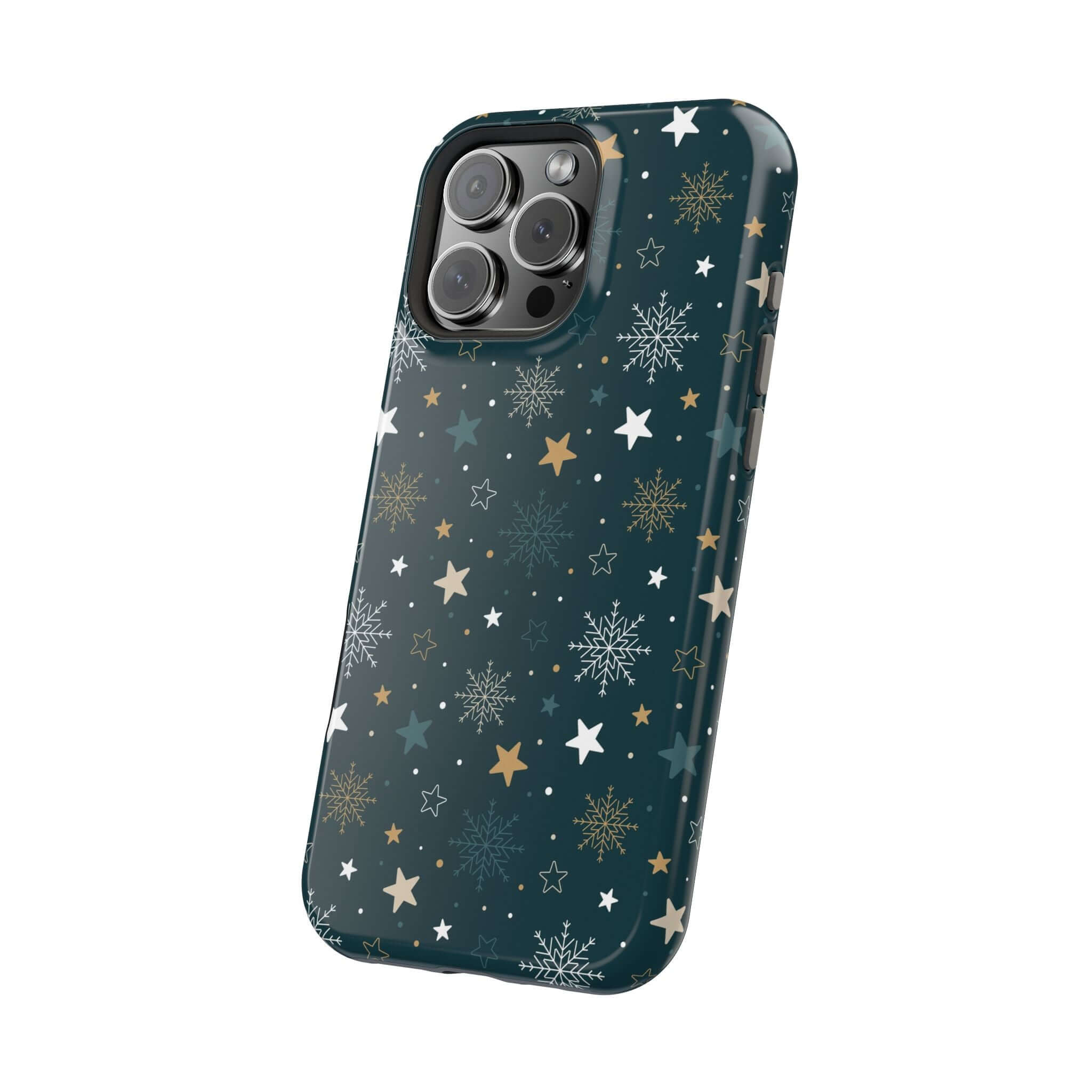 Festive Christmas phone case with snowflakes and stars, featuring MagSafe technology for secure charging. Perfect holiday phone accessory.