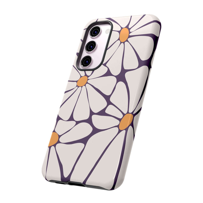 Samsung phone case with retro purple and orange flower design, cute iPhone 14 case, stylish protective flower case for phones