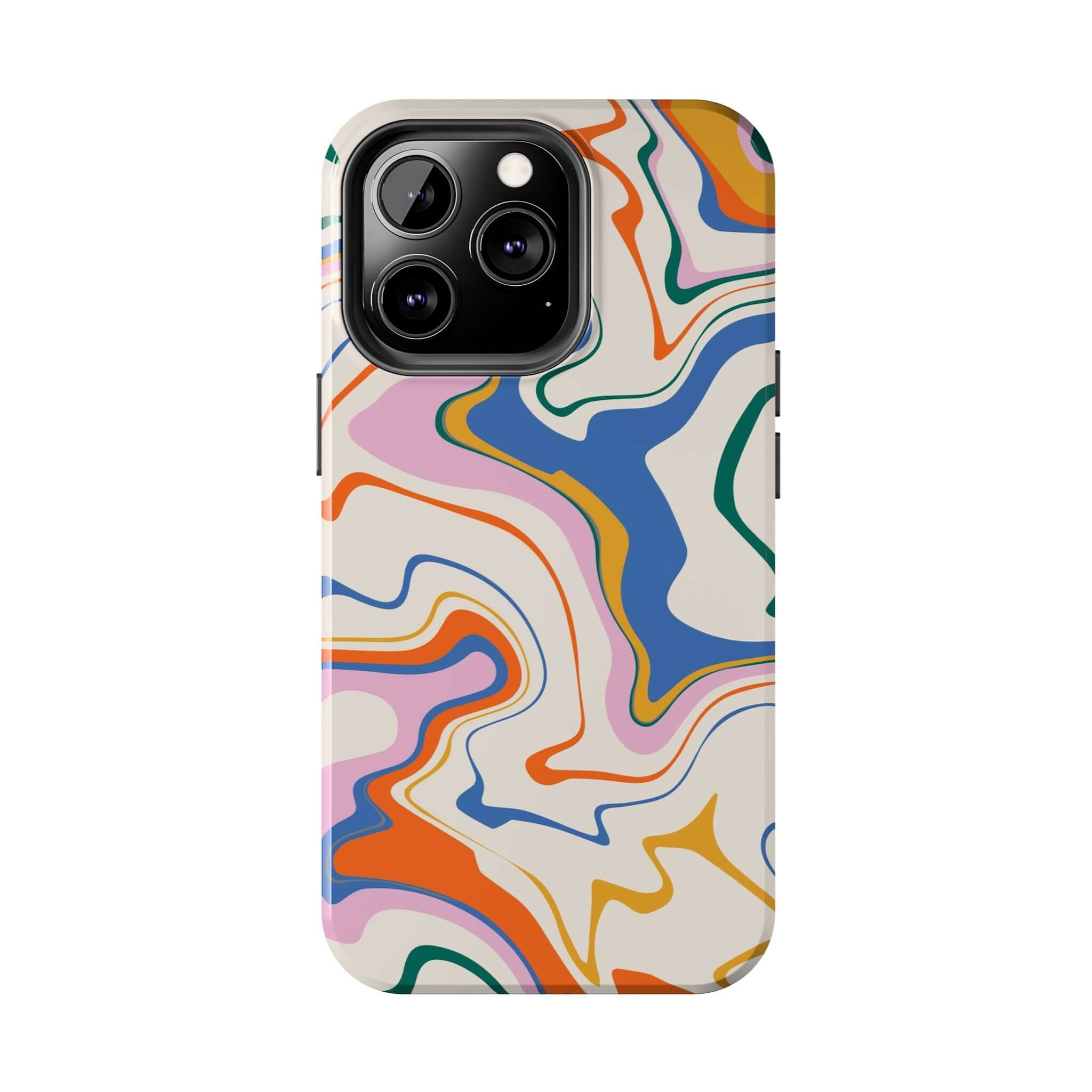 Colorful abstract swirl design phone case for iPhone 14 Pro Max and Samsung S23, perfect blend of cute and protective.