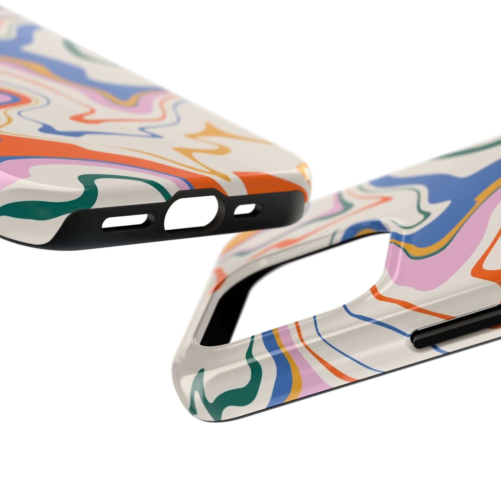 Colorful abstract phone case for iPhone 14 Pro Max and Samsung S23 showing vibrant swirl design.