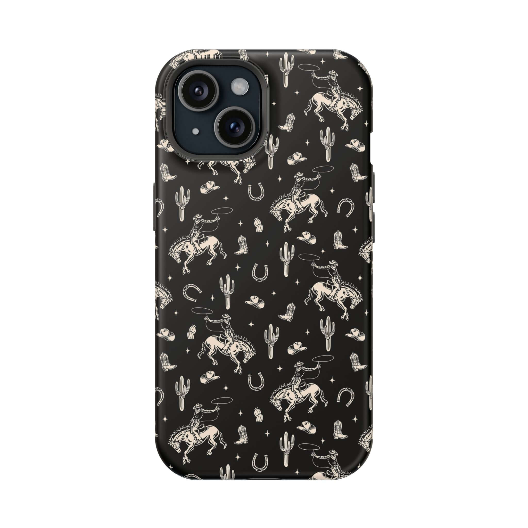 Black western iPhone case with cute cowgirl and flower designs, free shipping, perfect for showcasing unique style.