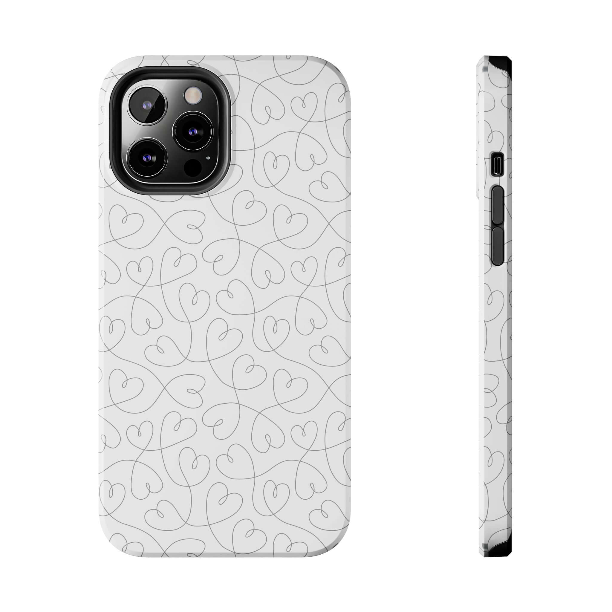 Silver Hearts Romance cute phone case for iPhone 14 Pro Max featuring abstract hearts, perfect for brides and weddings.