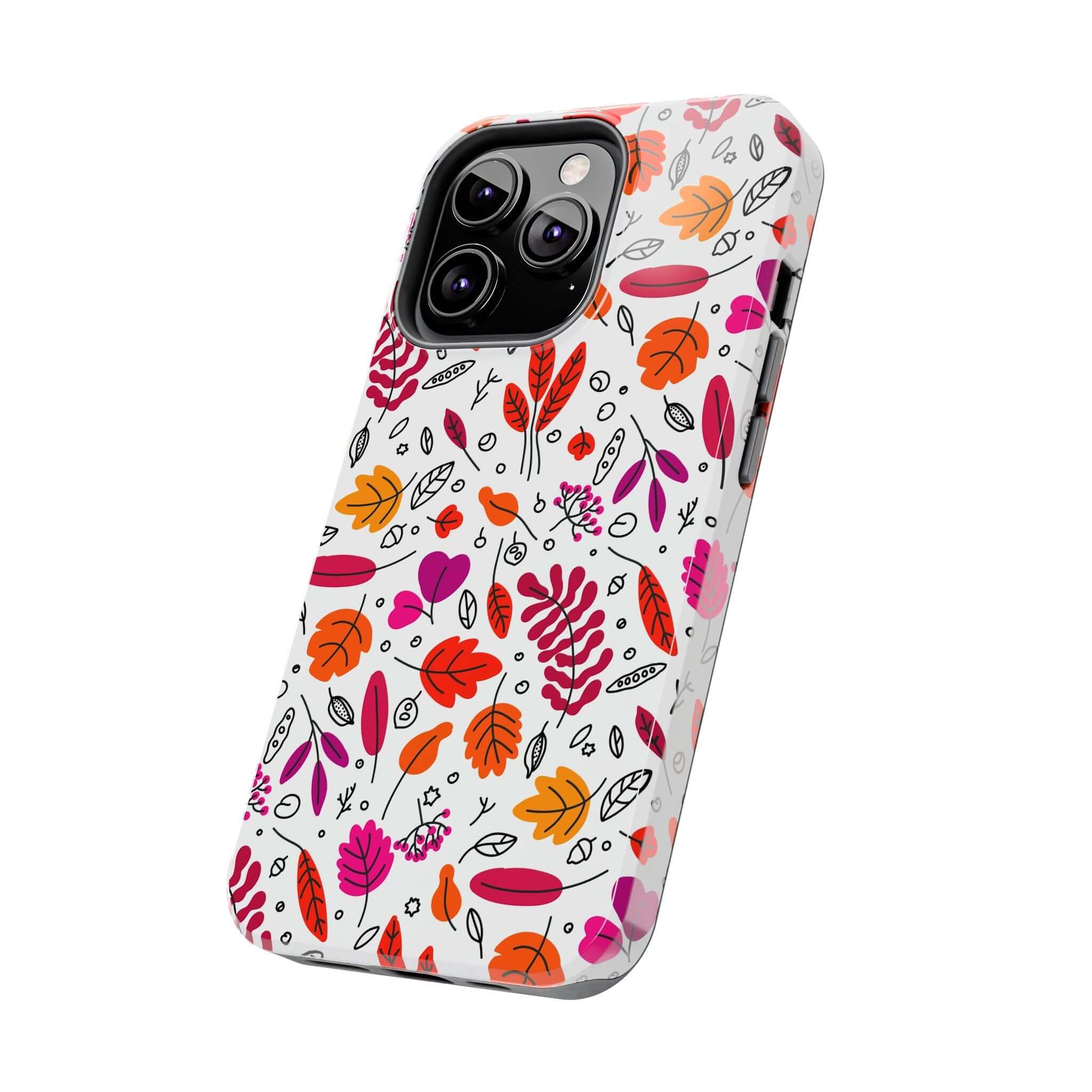 Cute fall leaves iPhone case for Halloween, perfect for autumn. Stylish wireless charging phone case with protective design.