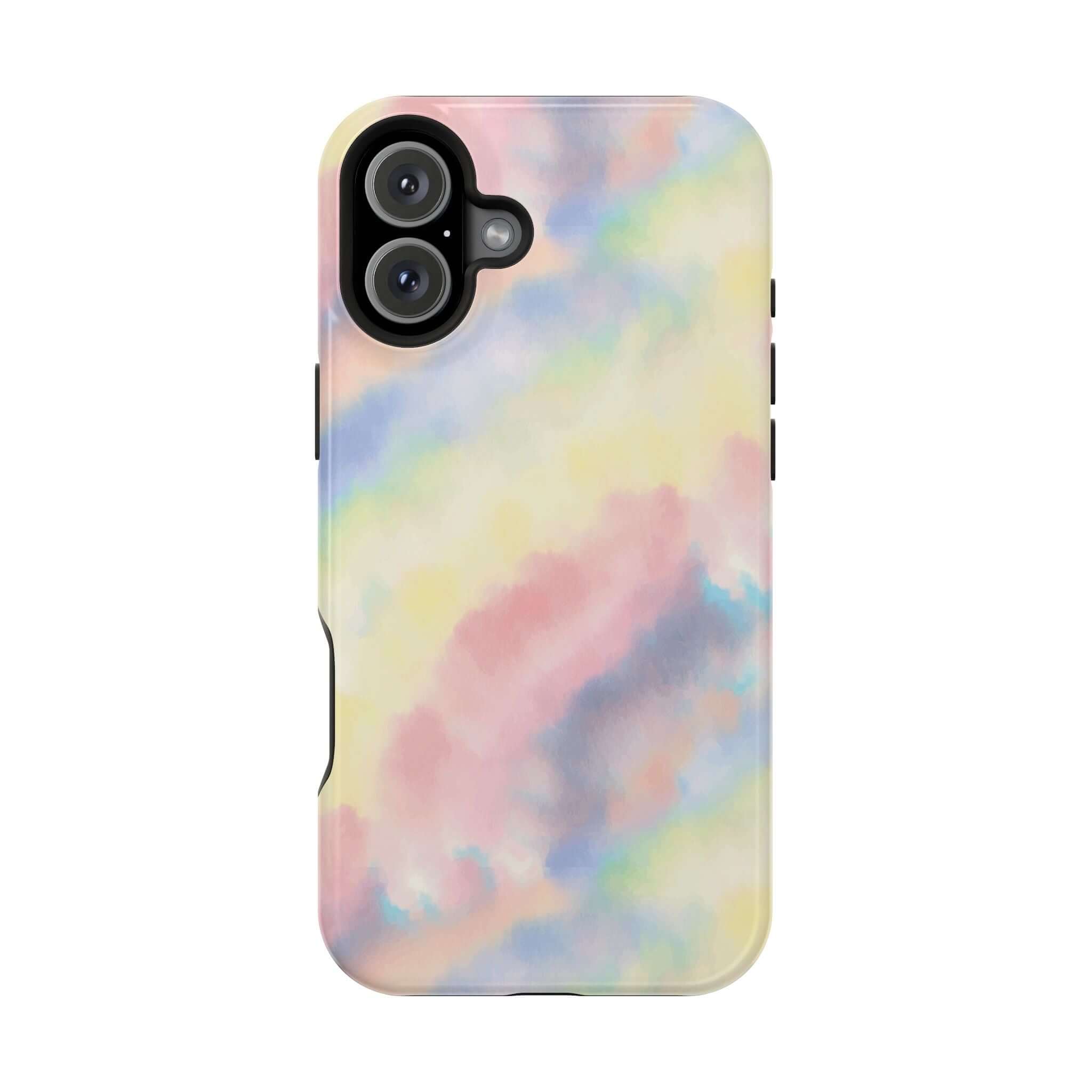 Cute iPhone case with pastel tie dye design, Unicorn Dreams, MagSafe compatible, custom phone case design.