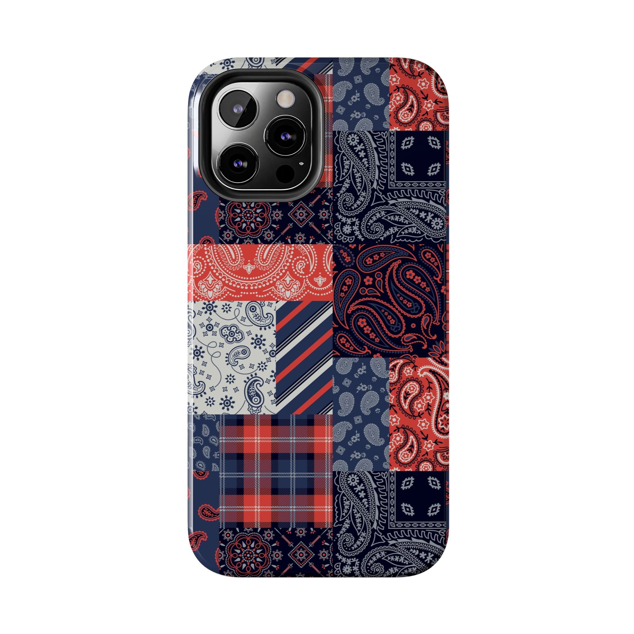 Cute phone case with bandana patchwork design for iPhone 14 Pro, perfect for bookish and fashion-forward individuals.