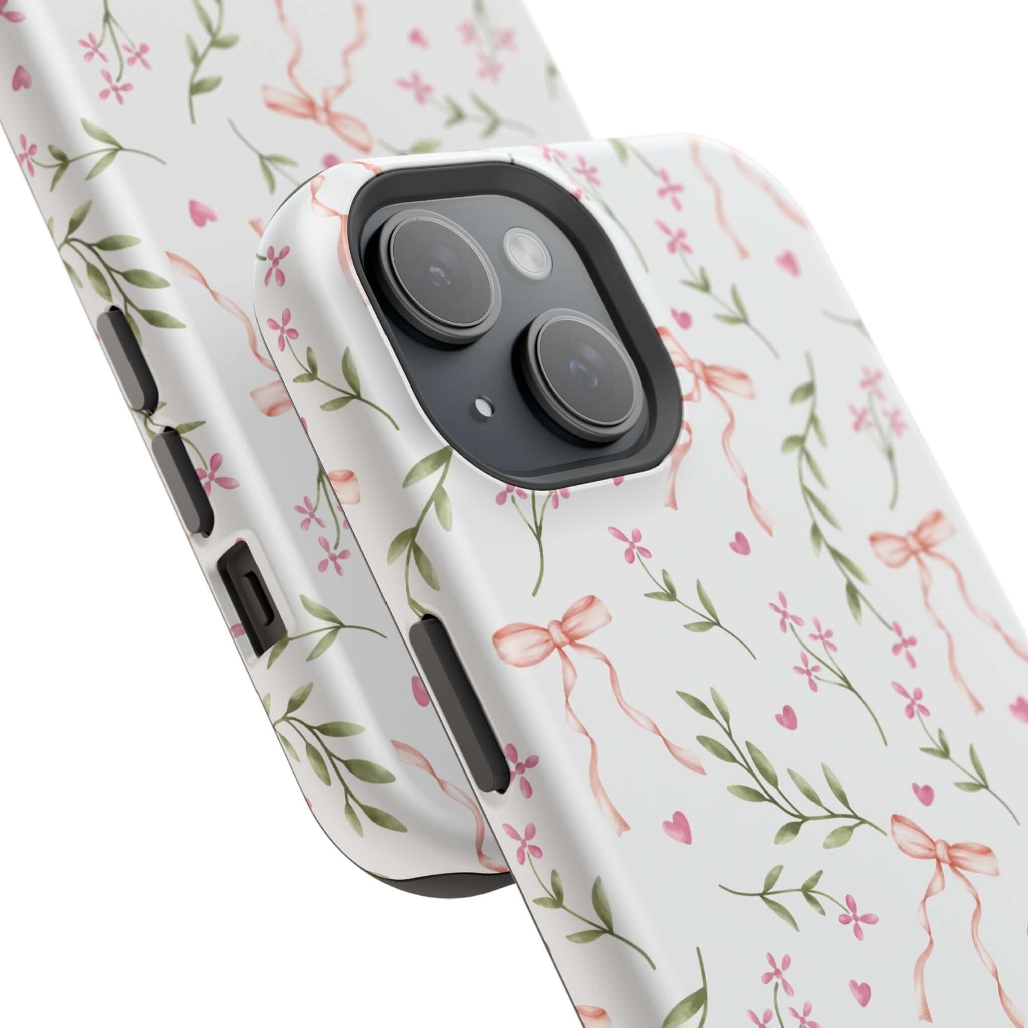 Darling Daydream Pink Coquette MagSafe iPhone Case with bows and floral design, cute and whimsical phone cover.