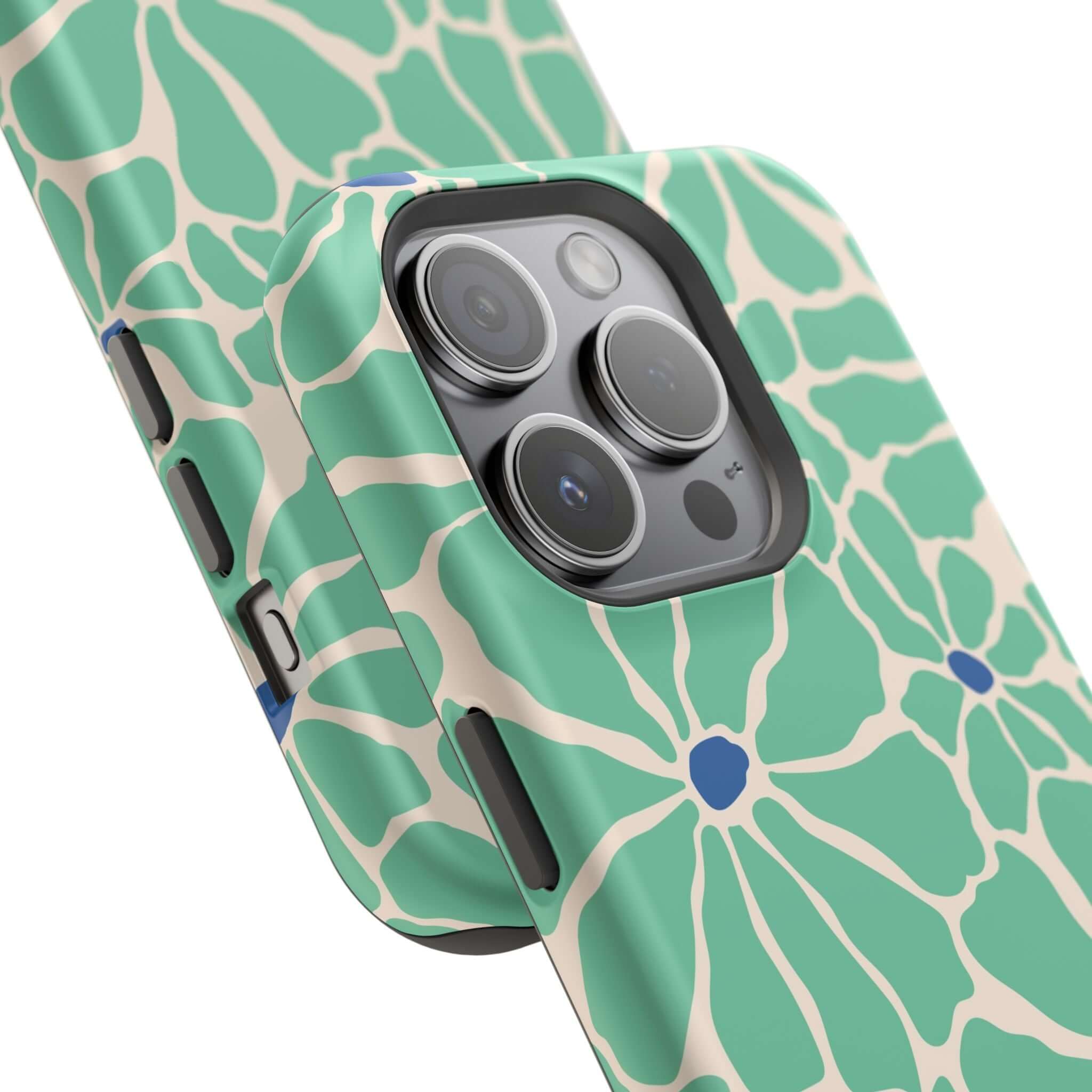 Cute Apple iPhone case featuring a tropical floral design, showcasing vibrant green and blue accents. Perfect for stylish protection!