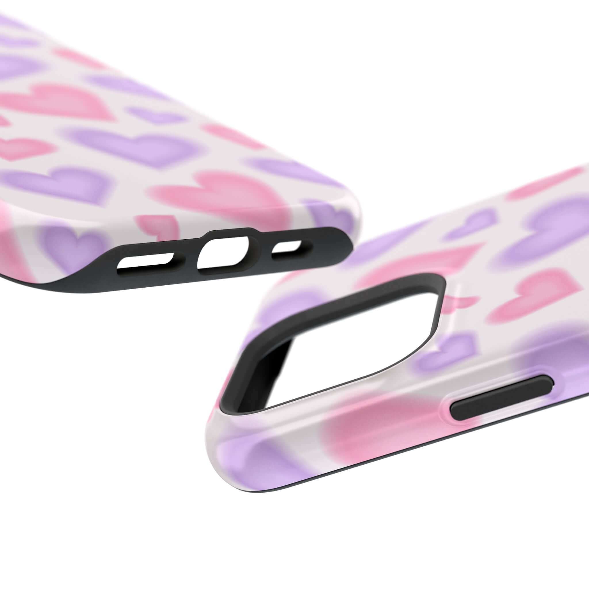 Cute phone cover featuring pink and purple hearts, designed for Apple iPhone with MagSafe technology.