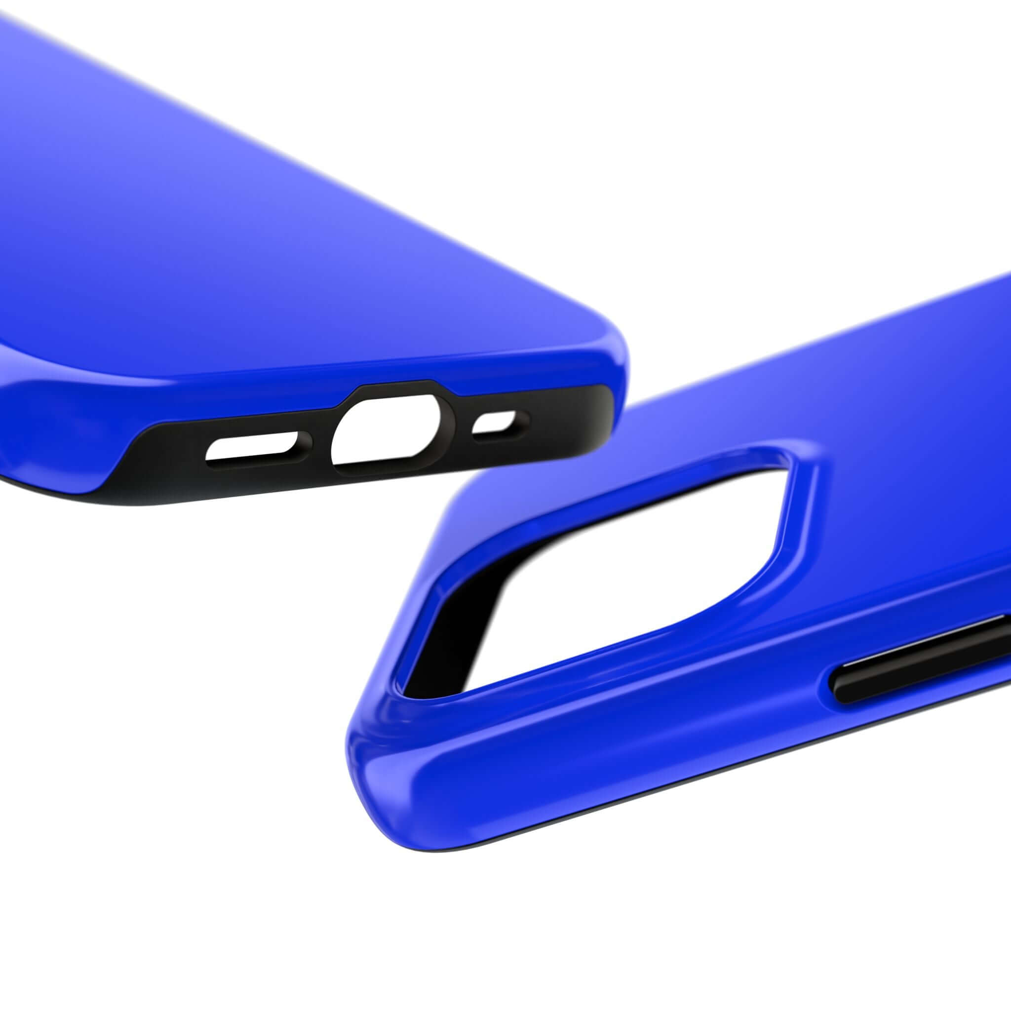 Neon iPhone case in vibrant blue, close-up showing the detailed cut-outs for ports and camera. Cute phone case website with free shipping.