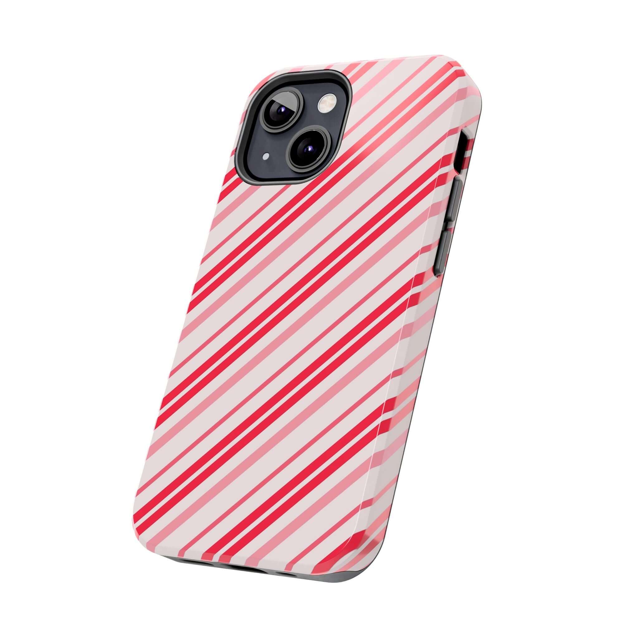 Striped holiday iPhone case with candy cane design, featuring red and white stripes, perfect for festive and cute phone style.