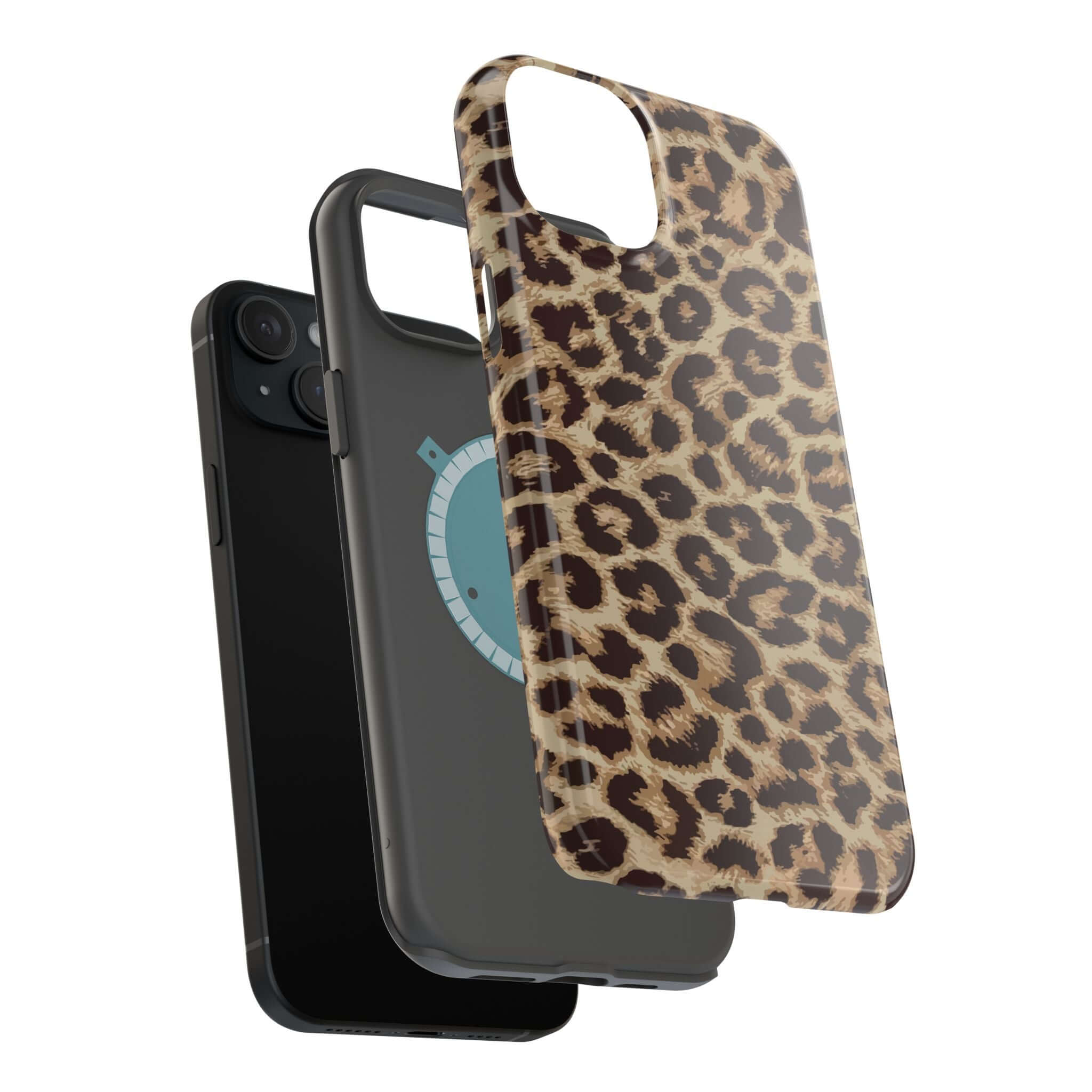 Cute iPhone 16 case with cheetah print and MagSafe design, showcasing the stylish Savannah Rush protective phone accessory.