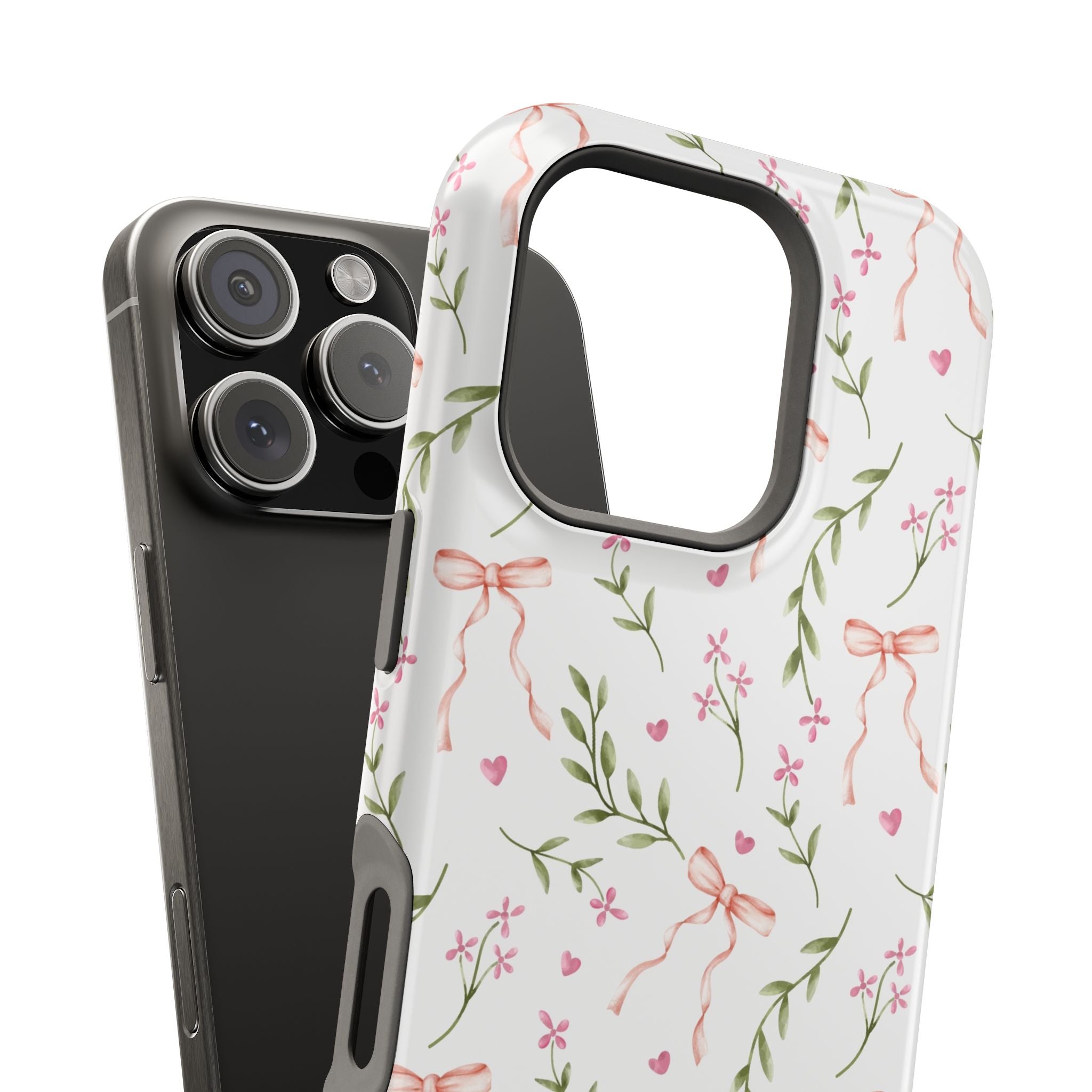 Pink Coquette Case for iPhone with MagSafe, featuring floral and bow design, a cute phone cover from Darling Daydream.