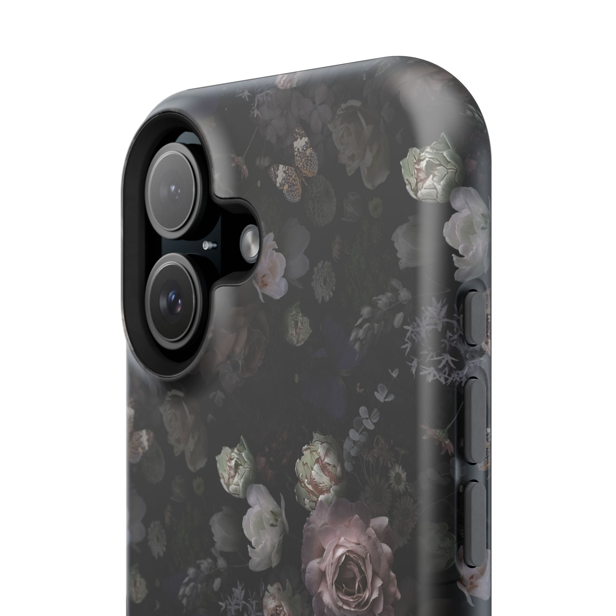 Midnight Curse Black Floral MagSafe iPhone Case with roses, cute phone cover, stylish protection for your device.