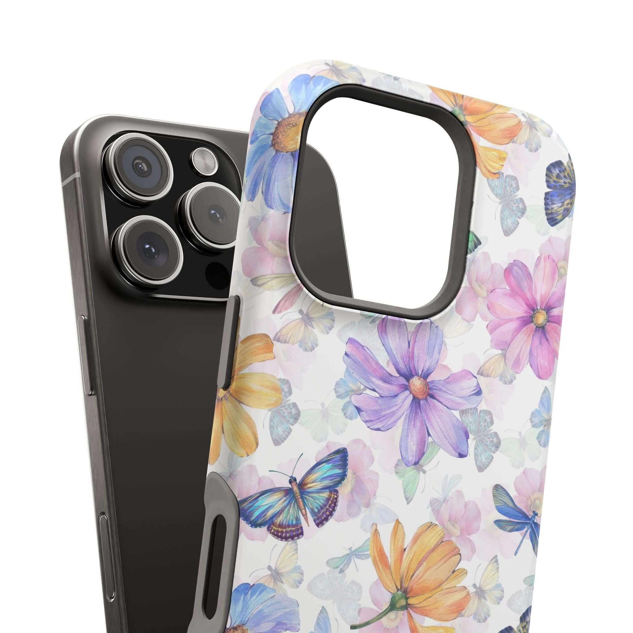 Fluttering Blooms Watercolor Butterfly Case on iPhone 16, Cute MagSafe Compatible and Protective Phone Case with Butterfly and Flower Design