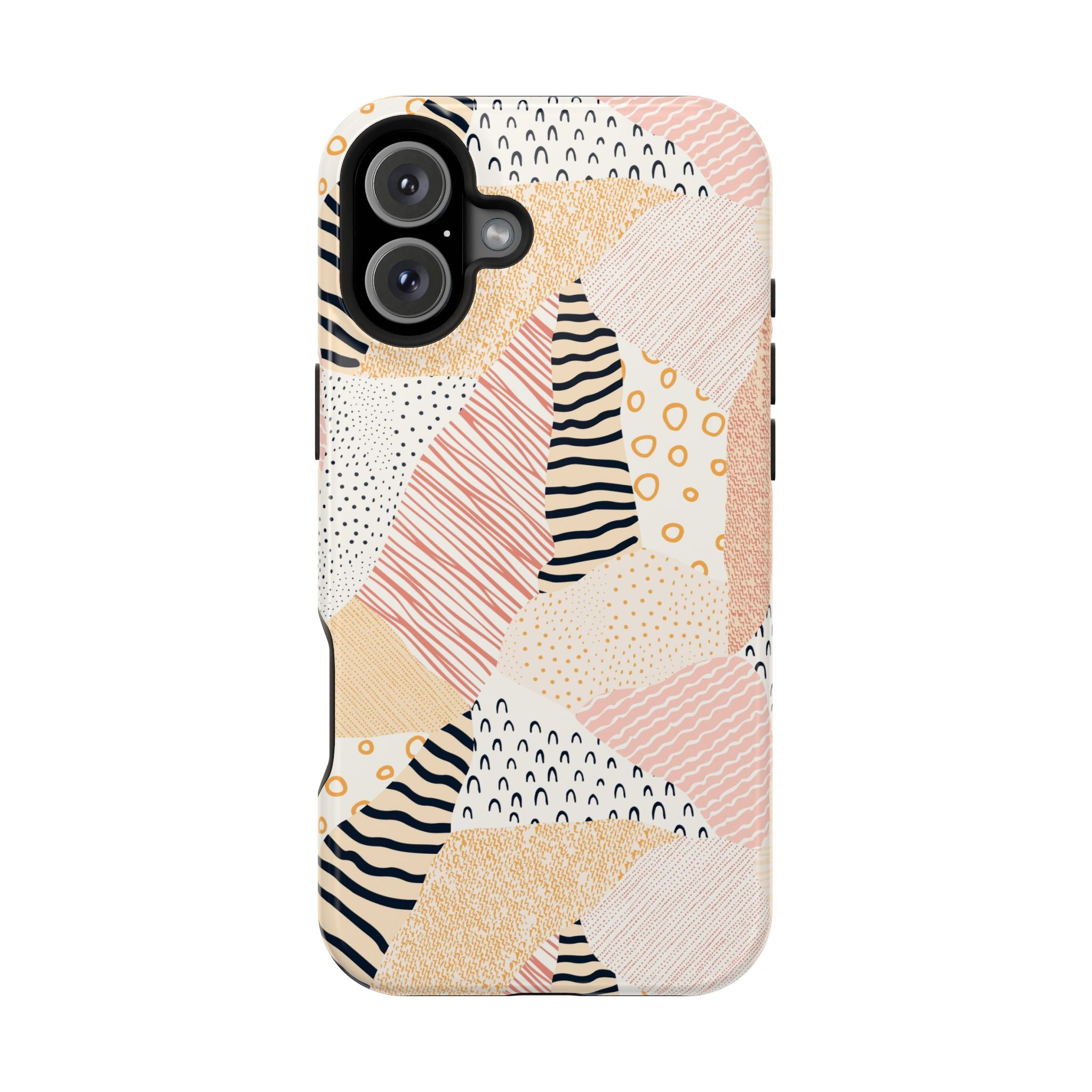 Cute colorful patchwork phone case for iPhone 16 with peach and vibrant patterns.