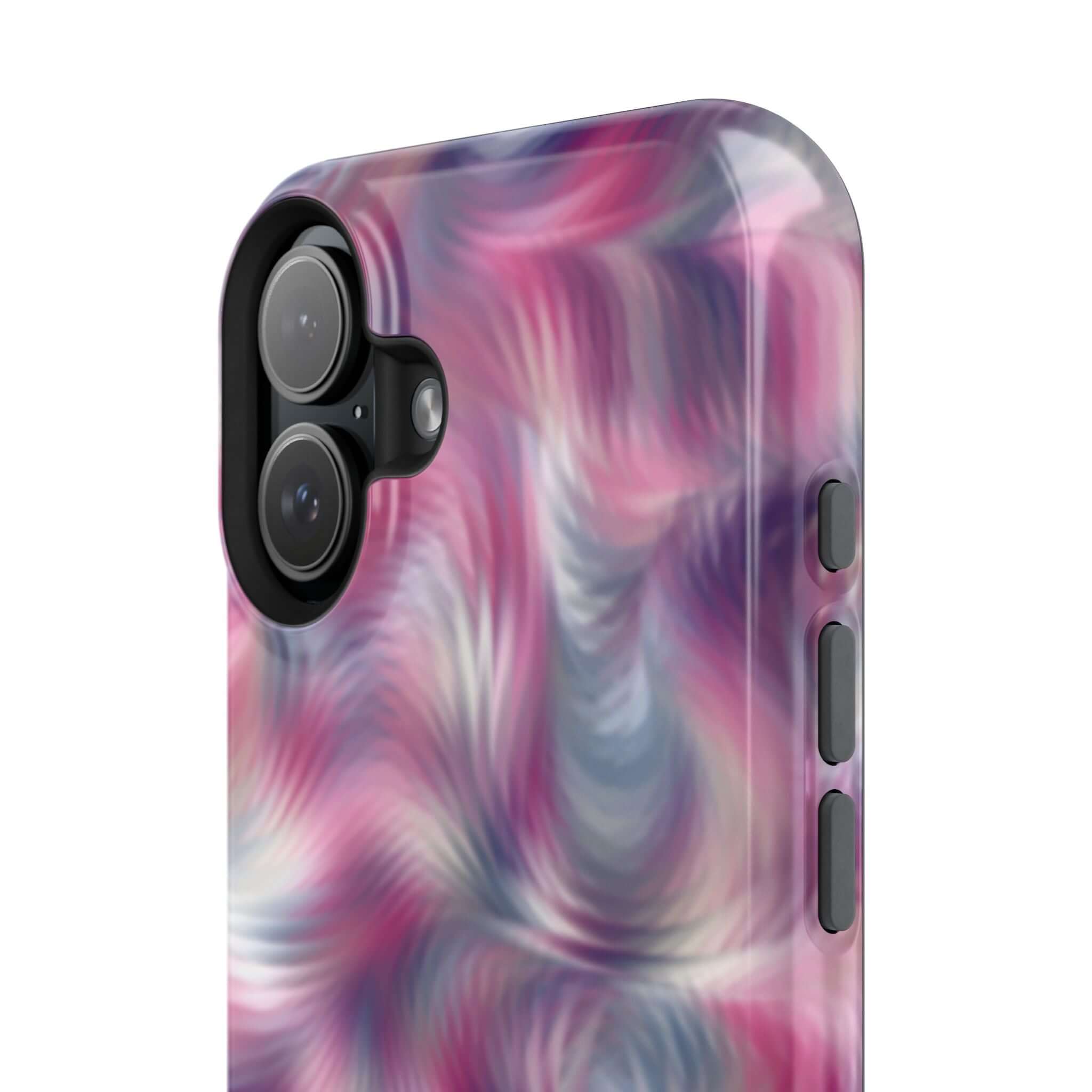 Purple swirl abstract MagSafe iPhone case with quirky tie dye design, cute protective phone cover, showcasing playful personality.