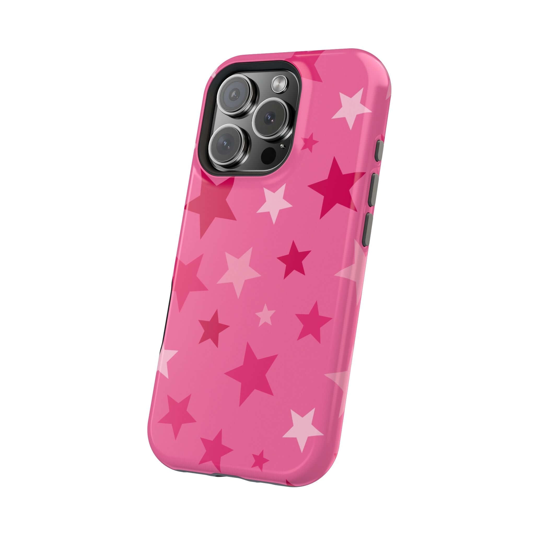 Cute pink iPhone case adorned with colorful stars, perfect for trendsetters who love protective accessories.