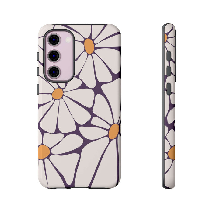 Cute retro flower phone case for Samsung and Pixel devices with purple and orange design, perfect for iPhone 14.