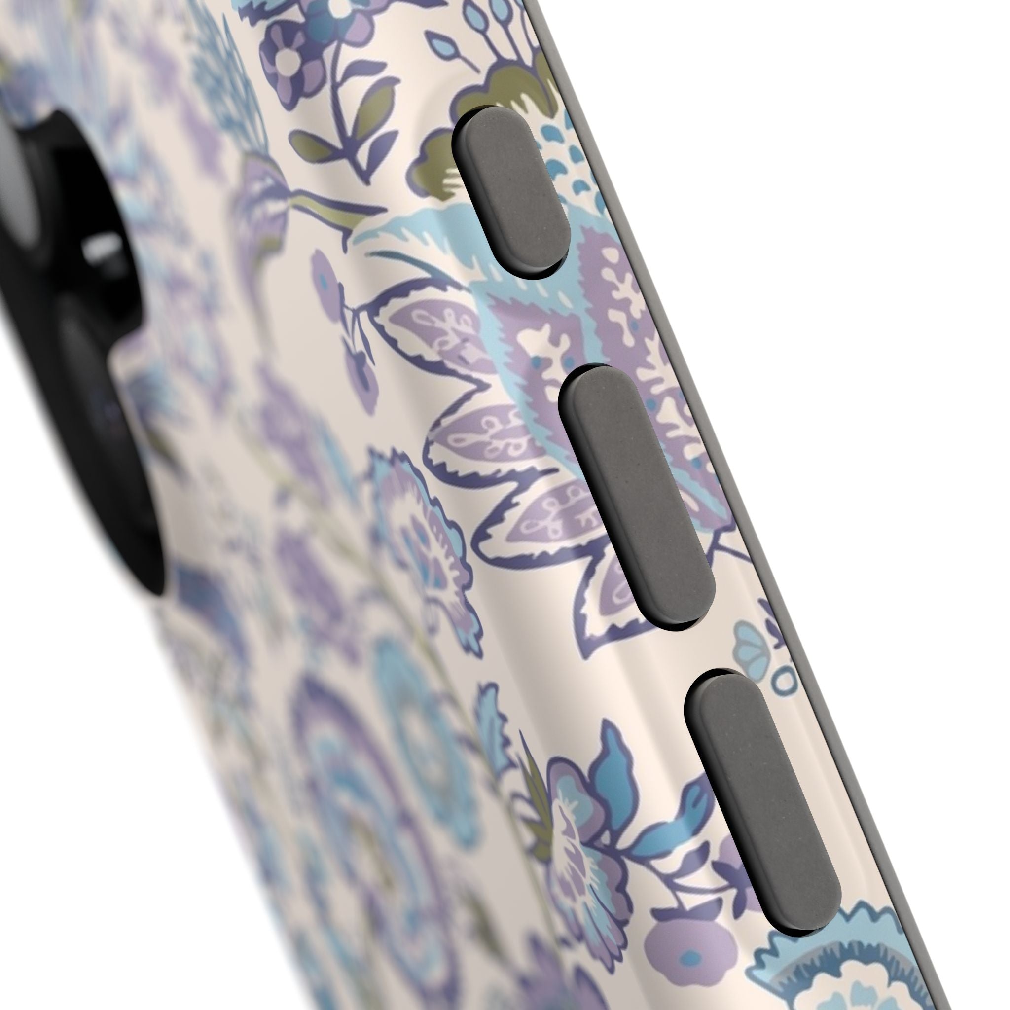 Close-up of the Garden Strolls blue CottageCore floral MagSafe iPhone case, showcasing cute nature-inspired phone cover design.