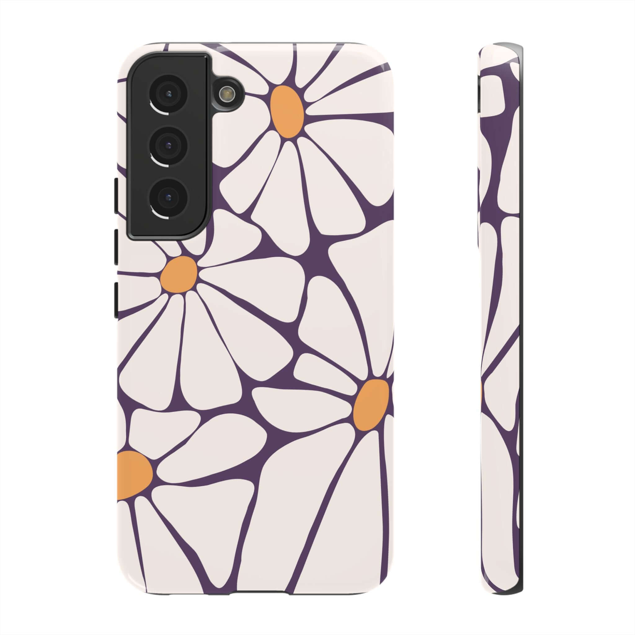 Retro flower power Samsung phone case with purple and orange floral design, cute and protective iPhone 14 case.