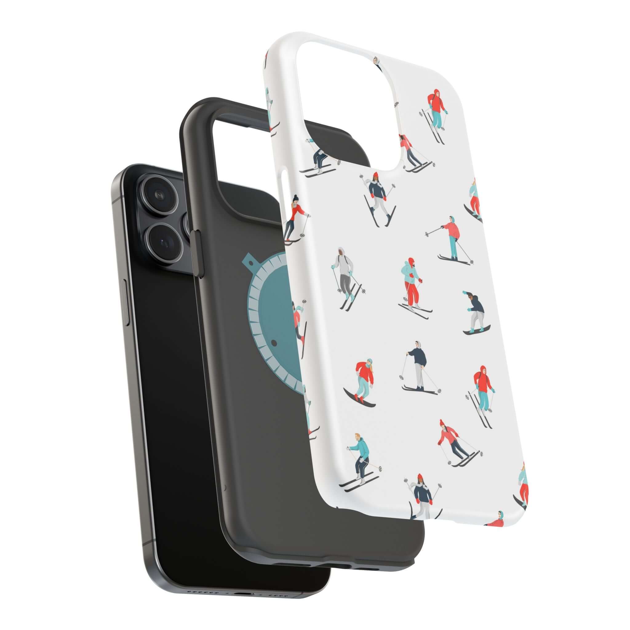 Cute Snowy Slopes phone cover for iPhone, featuring fun skiing design and MagSafe compatibility for winter sports lovers.