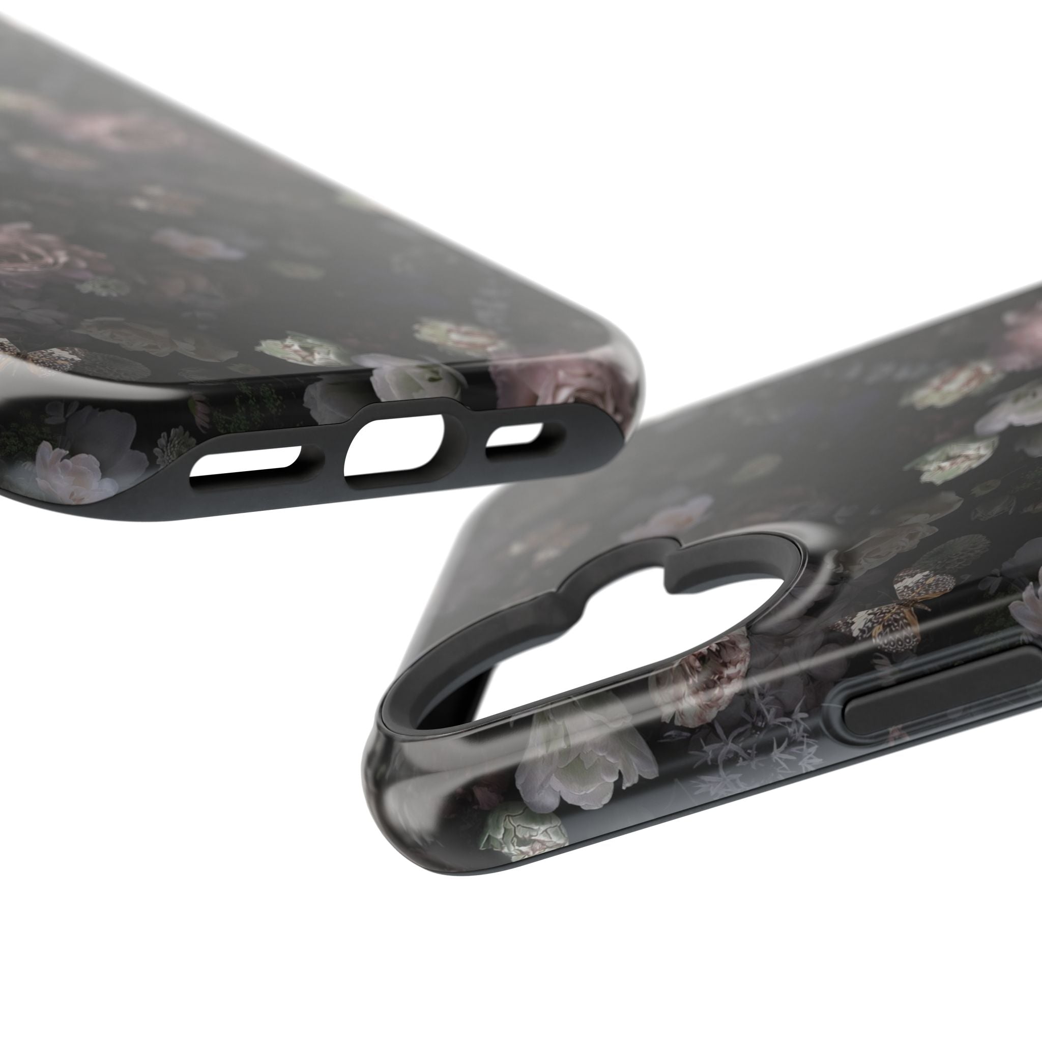 Midnight Curse MagSafe iPhone Case with black floral design, a cute phone cover for stylish protection.