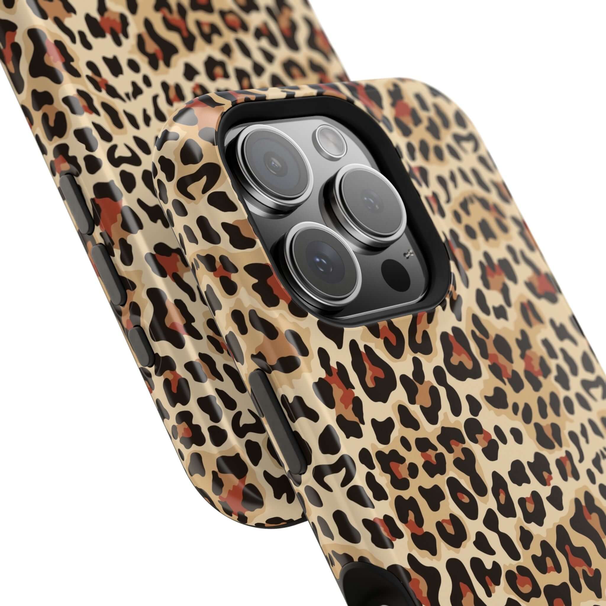 Leopard print iPhone case with colorful abstract design, offering cute style and reliable protection with MagSafe compatibility.