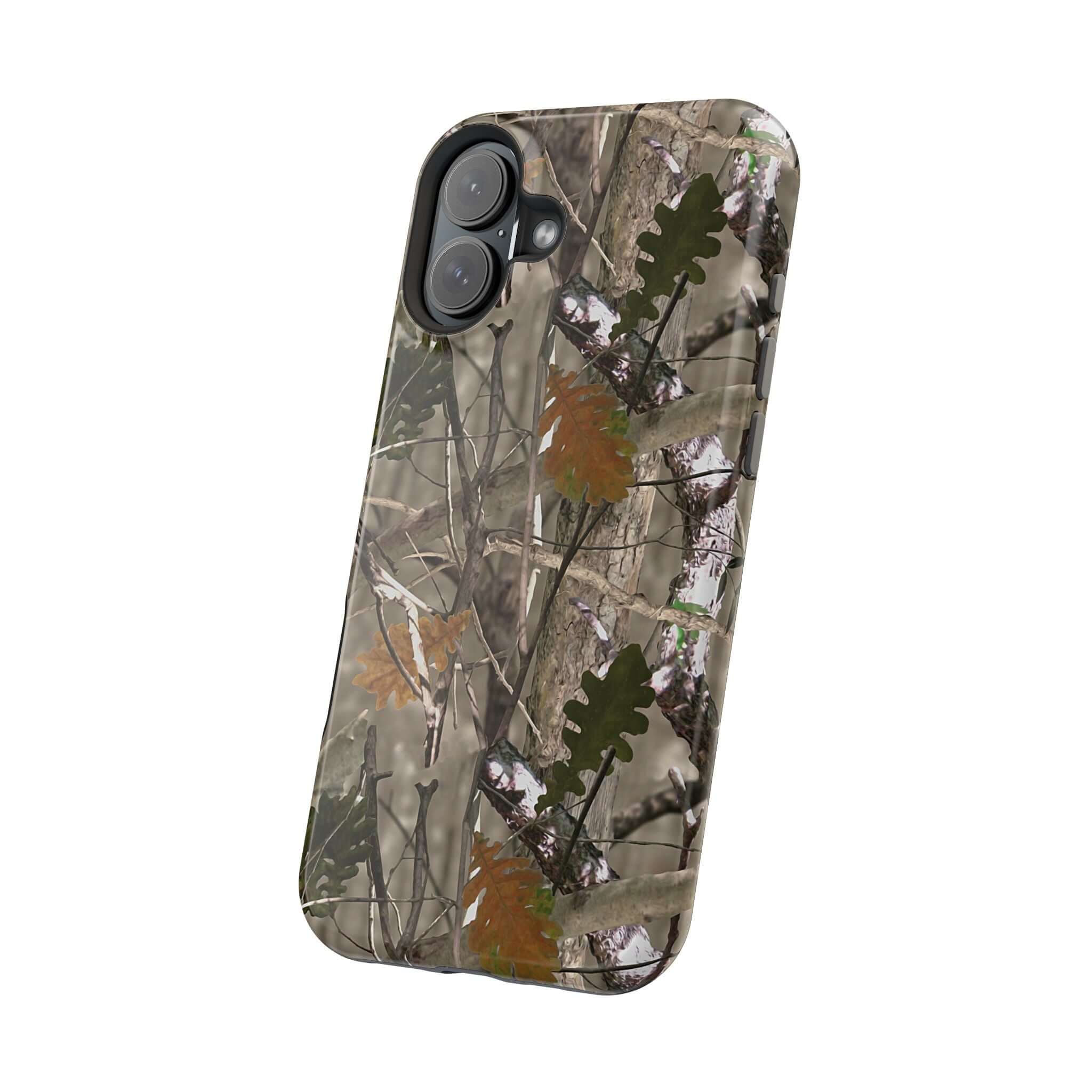 Modern forest camo phone case with animal print design, compatible with MagSafe for quirky and stylish iPhone protection.