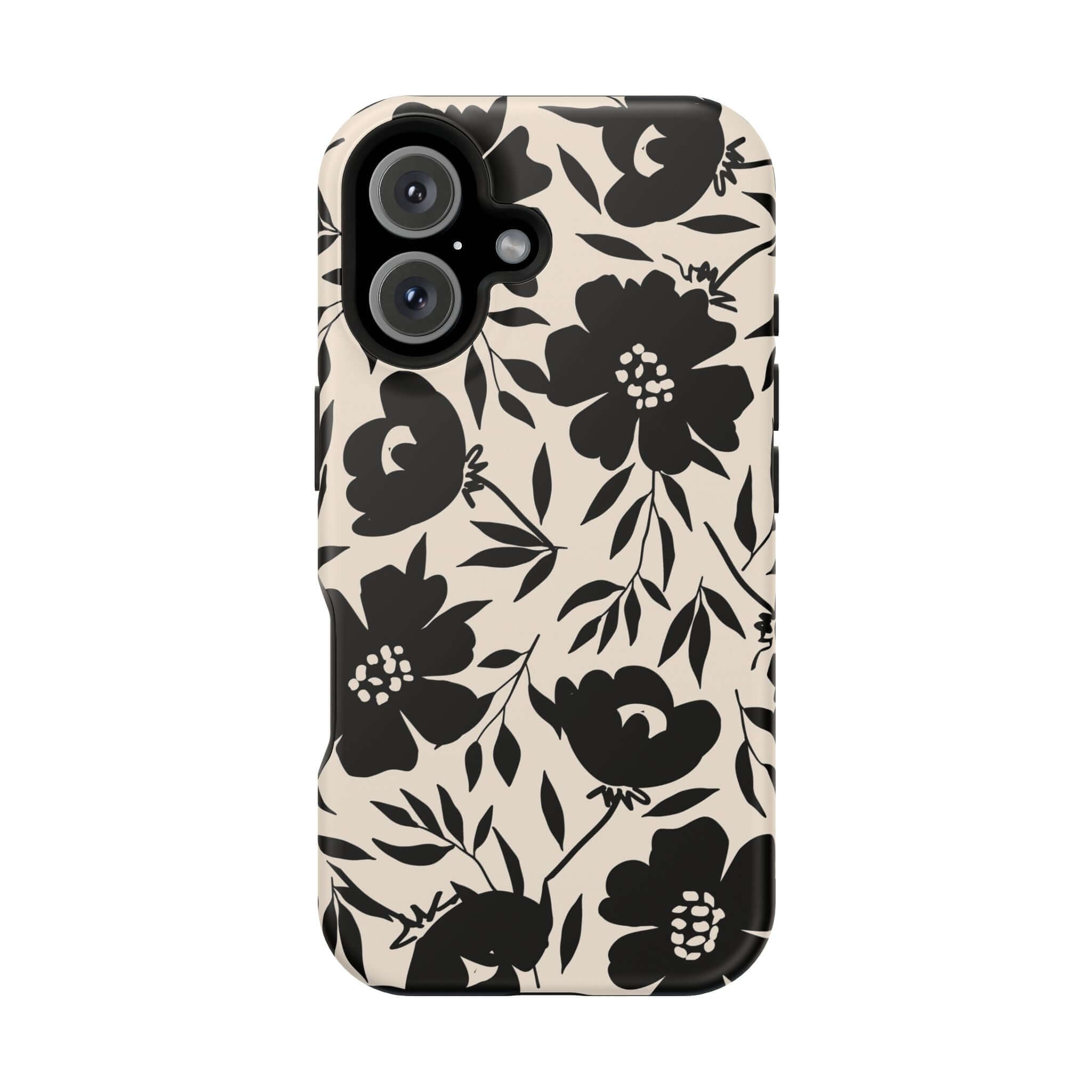 Eclipse Garden black floral iPhone 16 case with bold, cute design. Perfect accessory for adventurous and unique style.