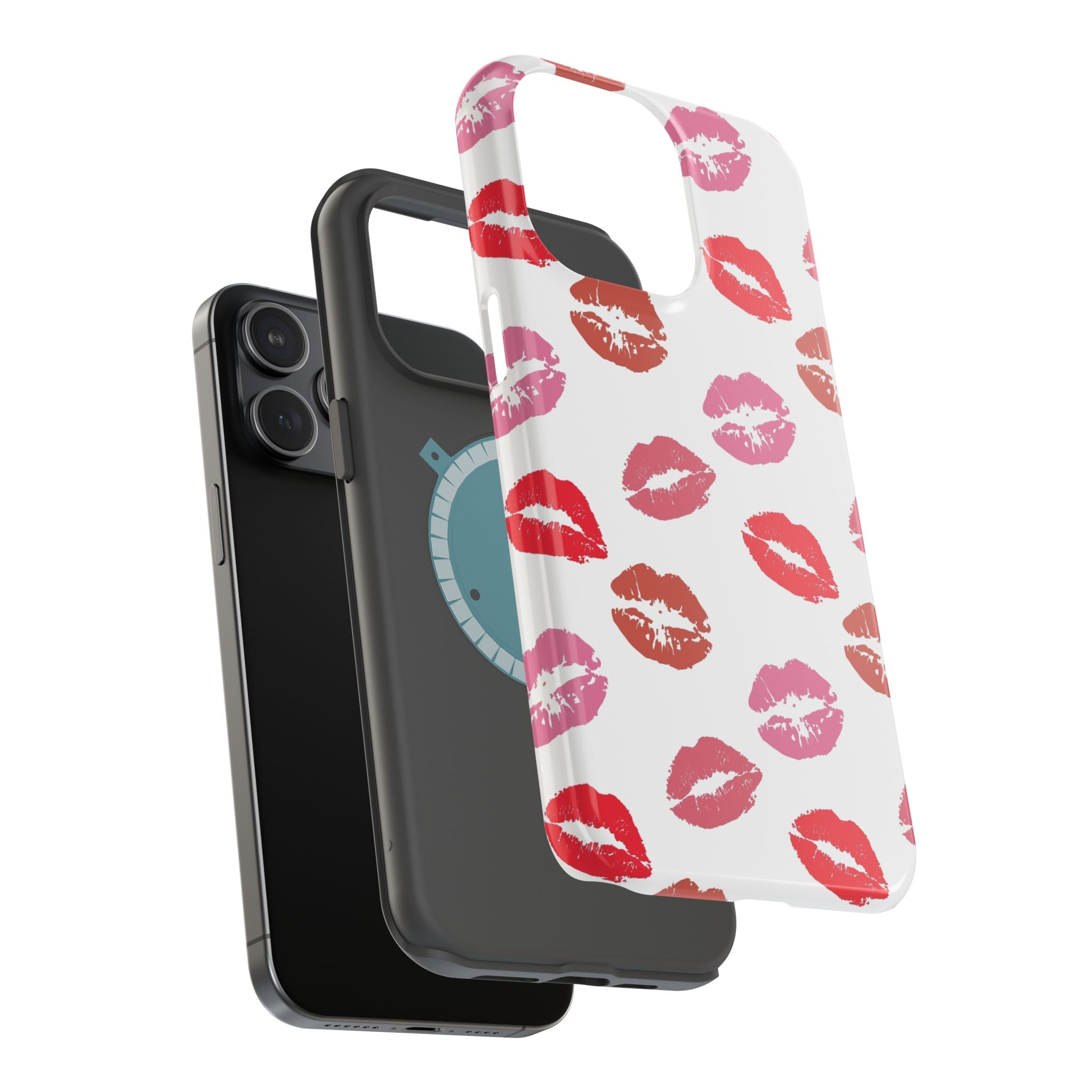 Cute phone cover with red and pink kisses design for iPhone, showcasing a fun and flirty protective case phone case.