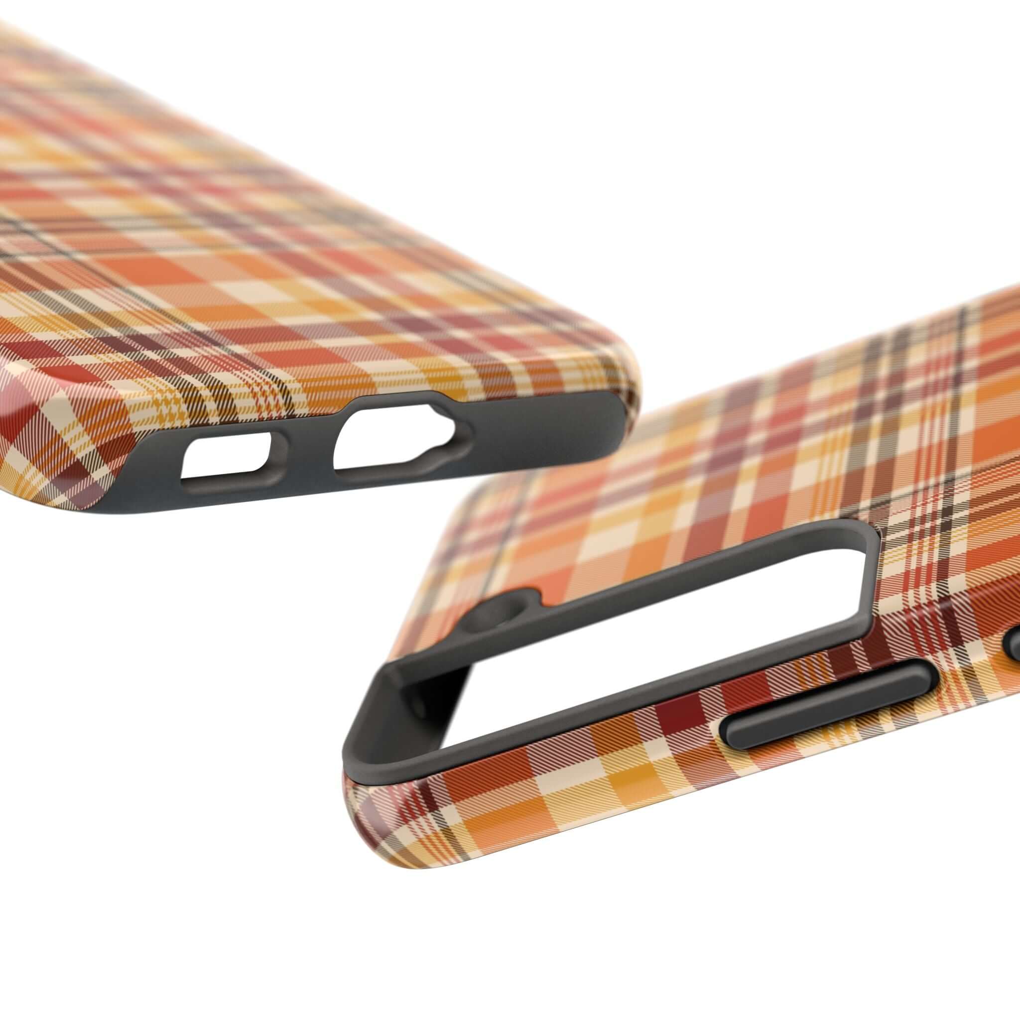 Fall plaid phone case in autumn colors, showcasing a cute and stylish Halloween-friendly design for iPhone protection.