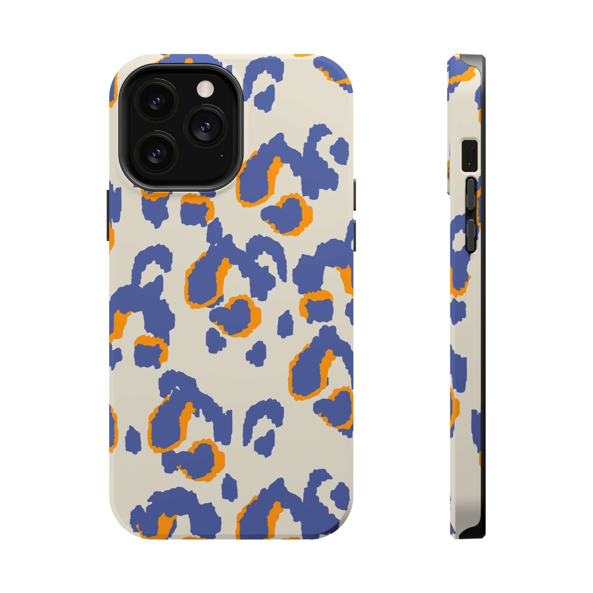 Blue leopard print iPhone case, Safari Blaze design, colorful and cute phone accessory with abstract pattern, MagSafe compatible.