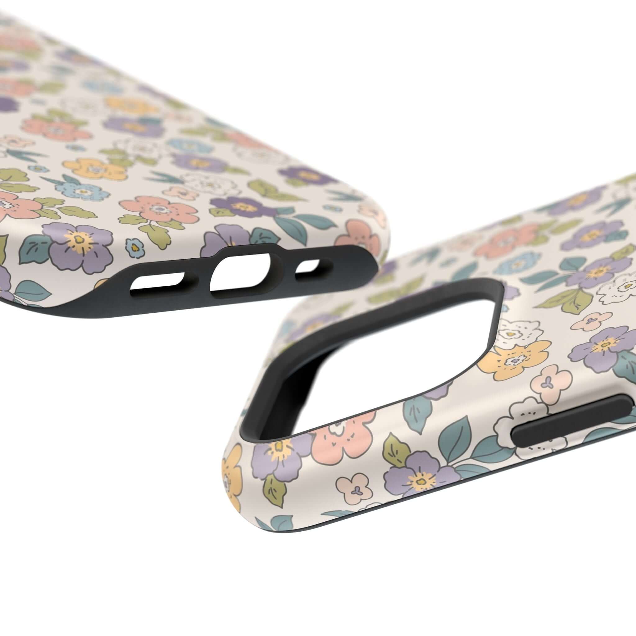 Colorful floral Ditsy Daisies iPhone case showcasing its cute design and MagSafe compatibility for stylish phone users.