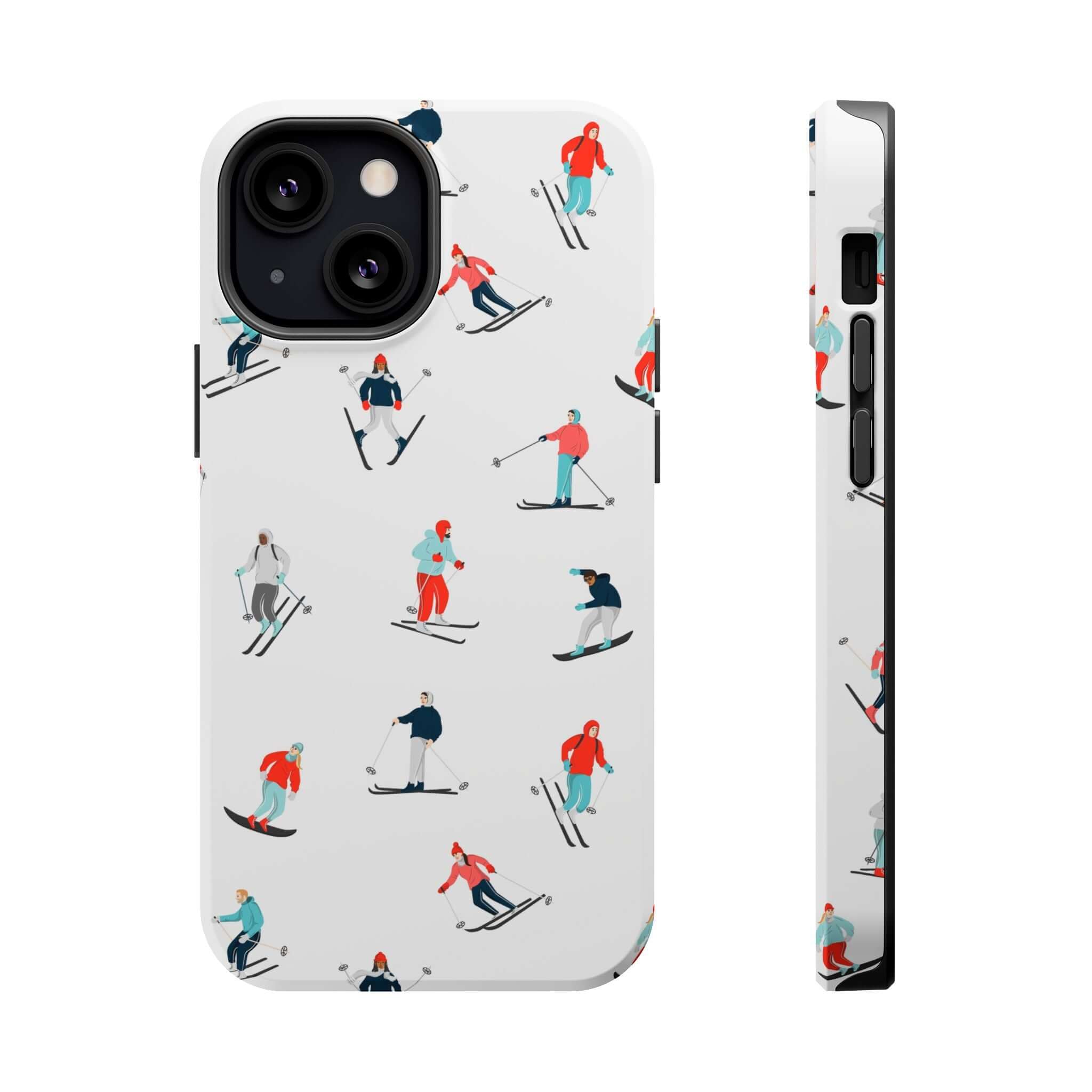 Cute phone cover with skiing design, perfect iPhone case for winter sports enthusiasts on the slopes.