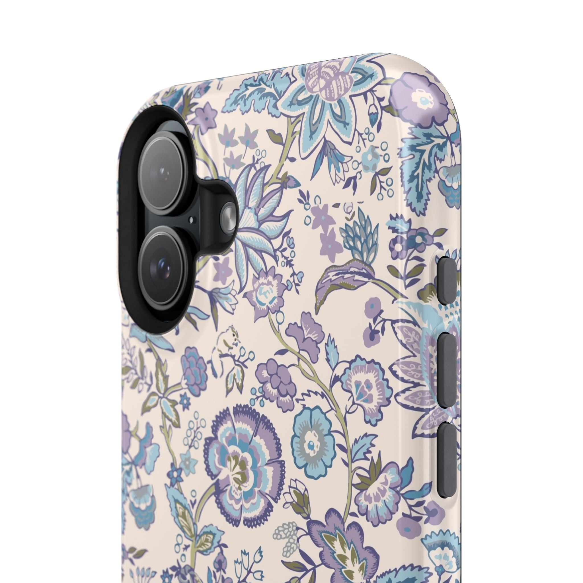 Blue CottageCore floral MagSafe iPhone case, perfect cute phone cover with whimsical garden design, showcasing nature's charm.