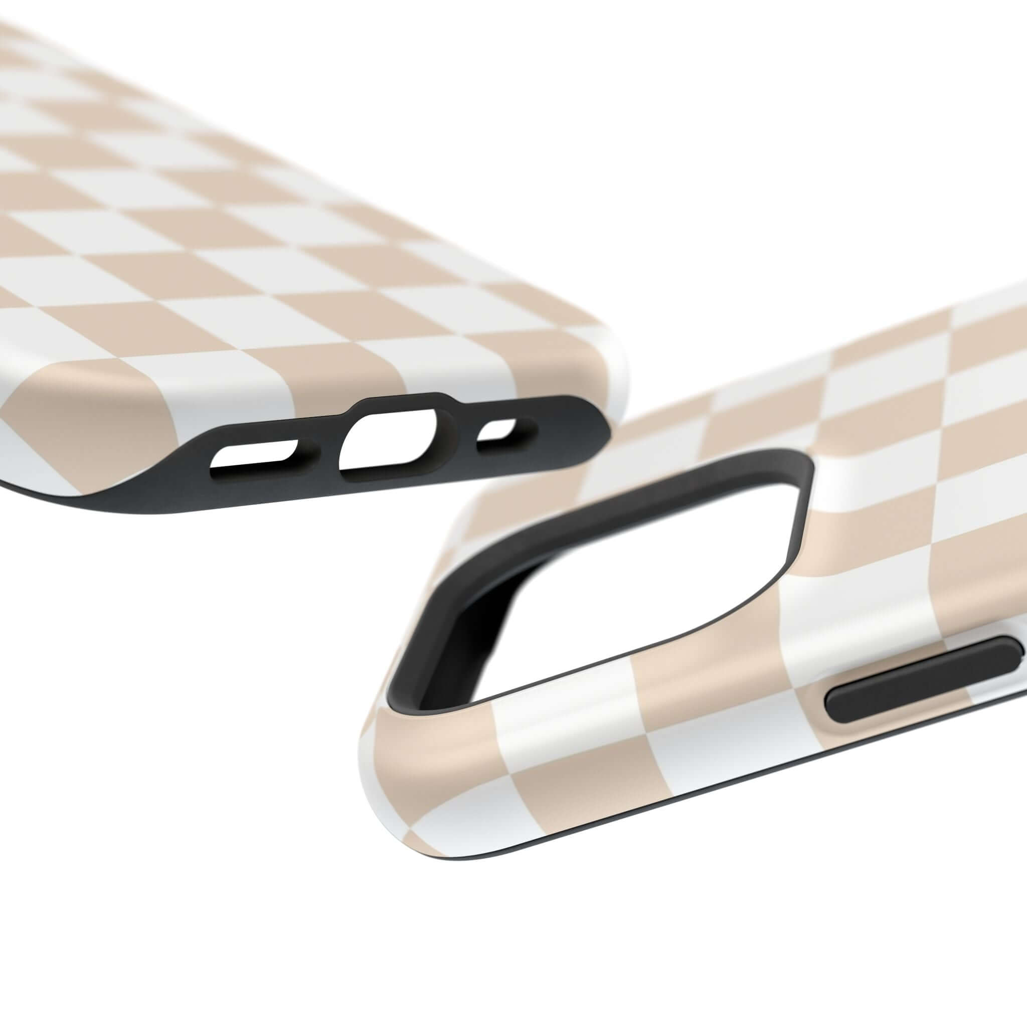 Cream checkered MagSafe iPhone 16 case with a stylish beige and white pattern, showcasing its cute and protective design.