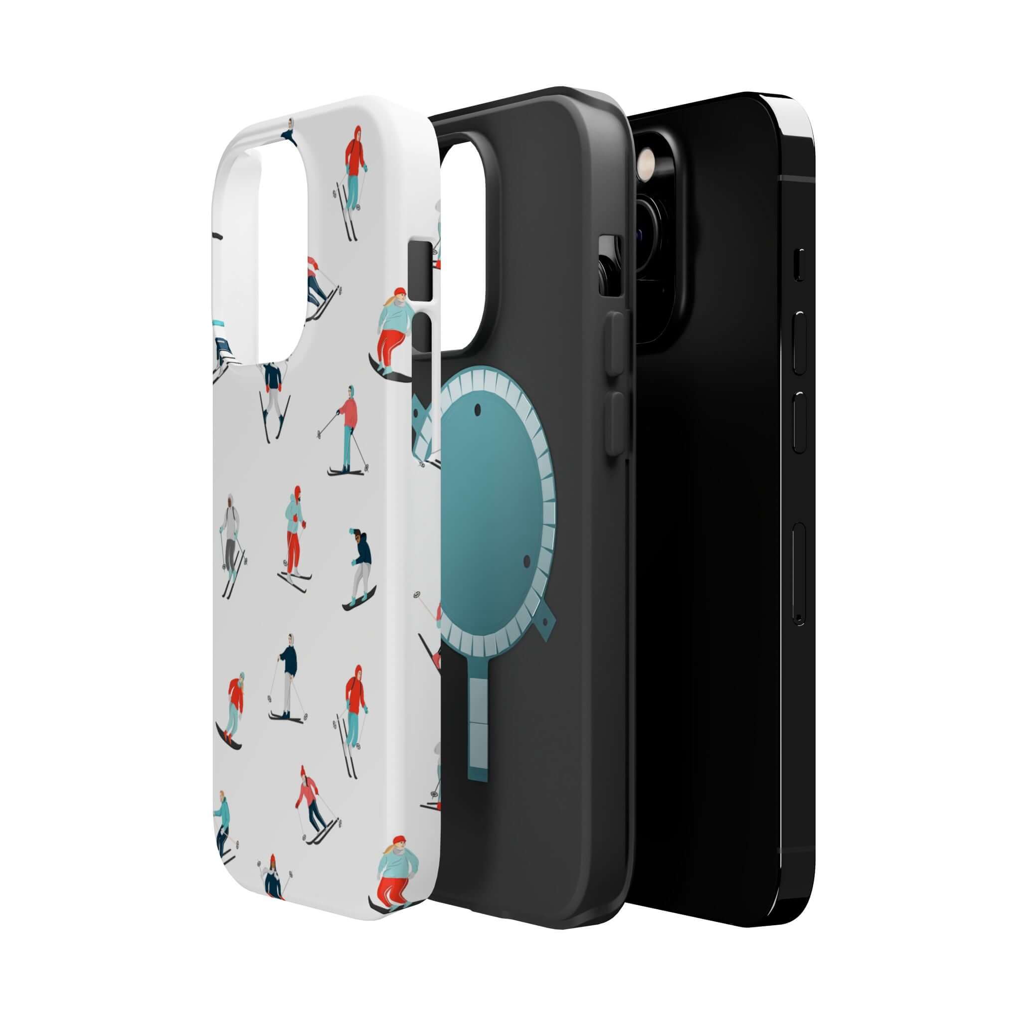 Cute Snowy Slopes phone cases featuring skiing designs, perfect for winter sports lovers. MagSafe compatible for iPhone.