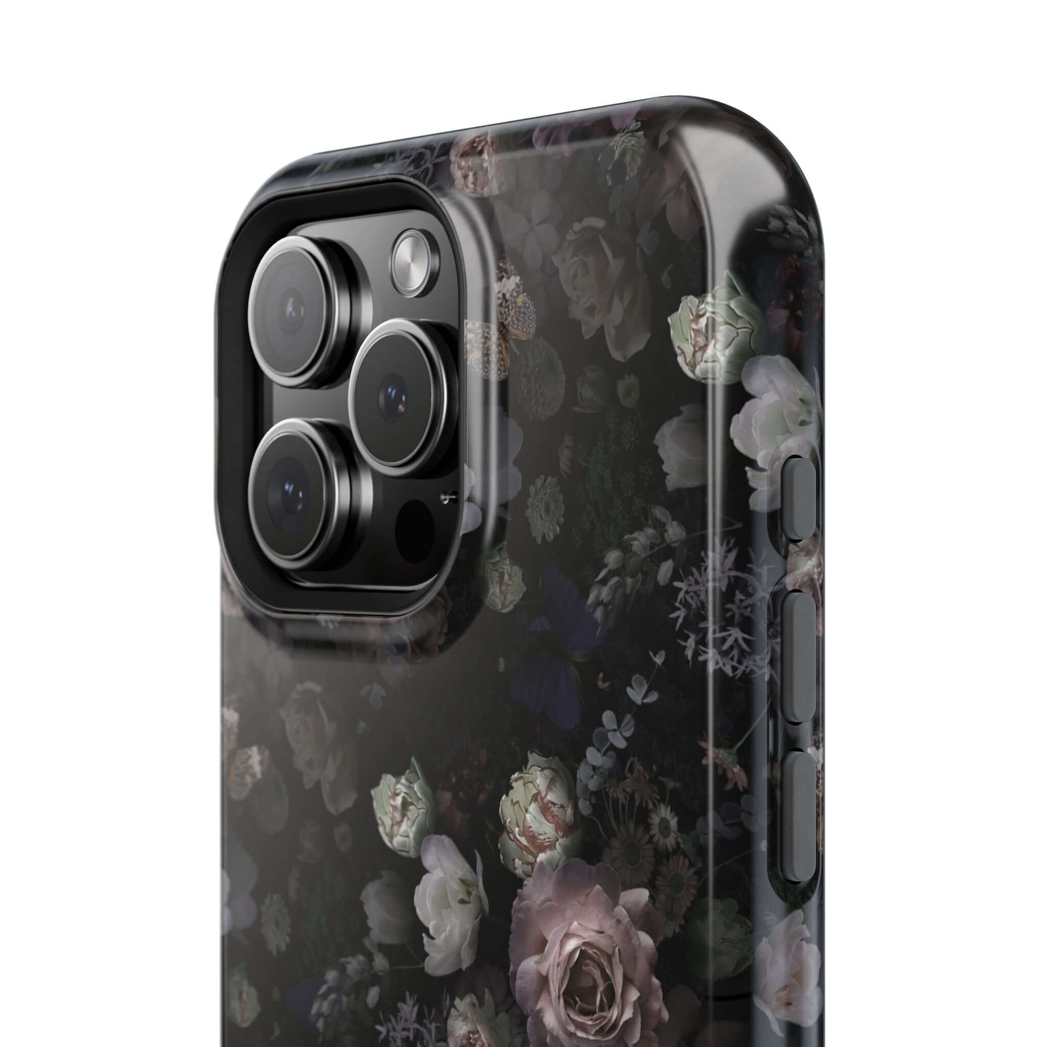 Midnight Curse Black Floral MagSafe iPhone Case, cute phone cover with dark floral design, stylish protection for your device.