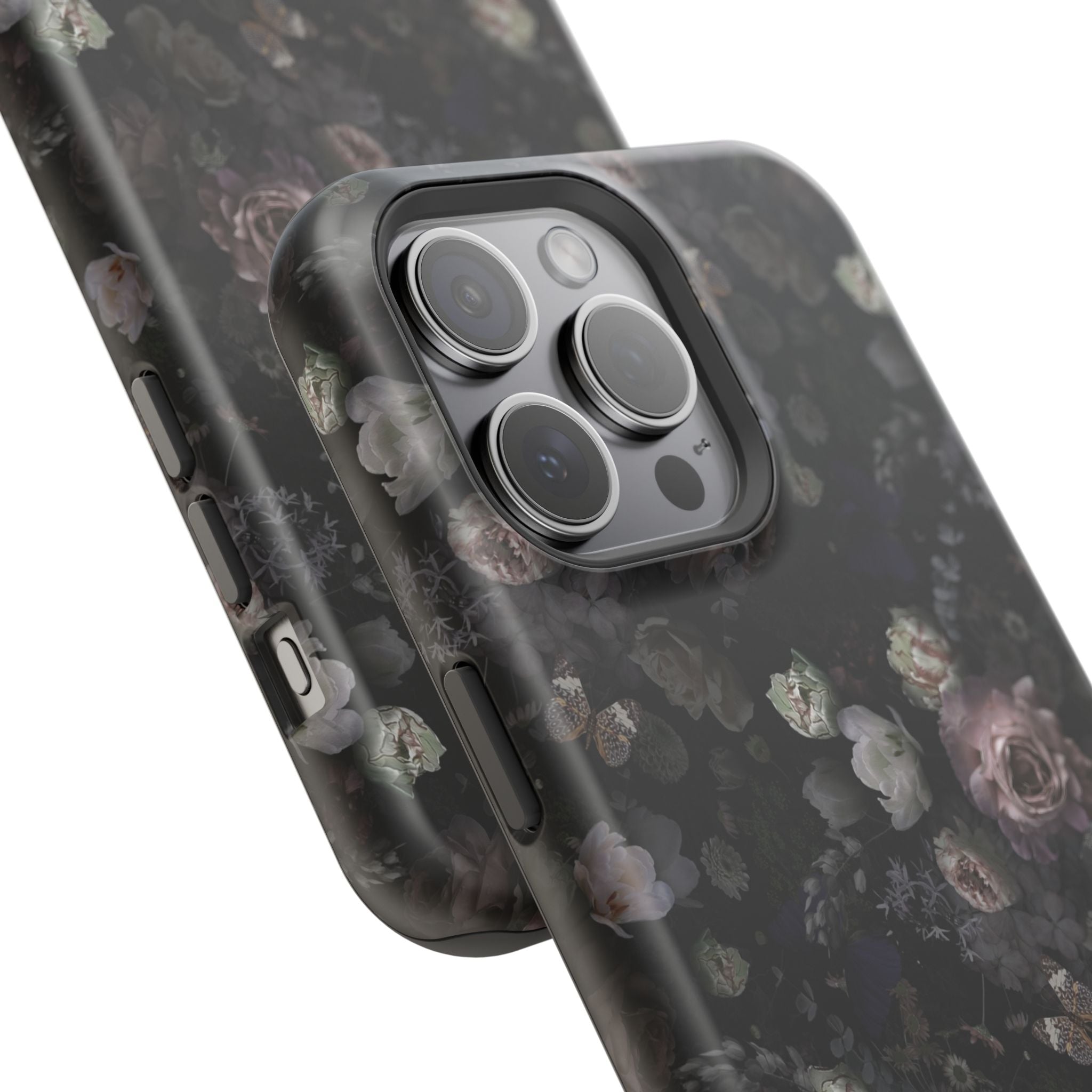 Midnight Curse black floral MagSafe iPhone case featuring cute roses for stylish phone protection and trendsetting appeal.