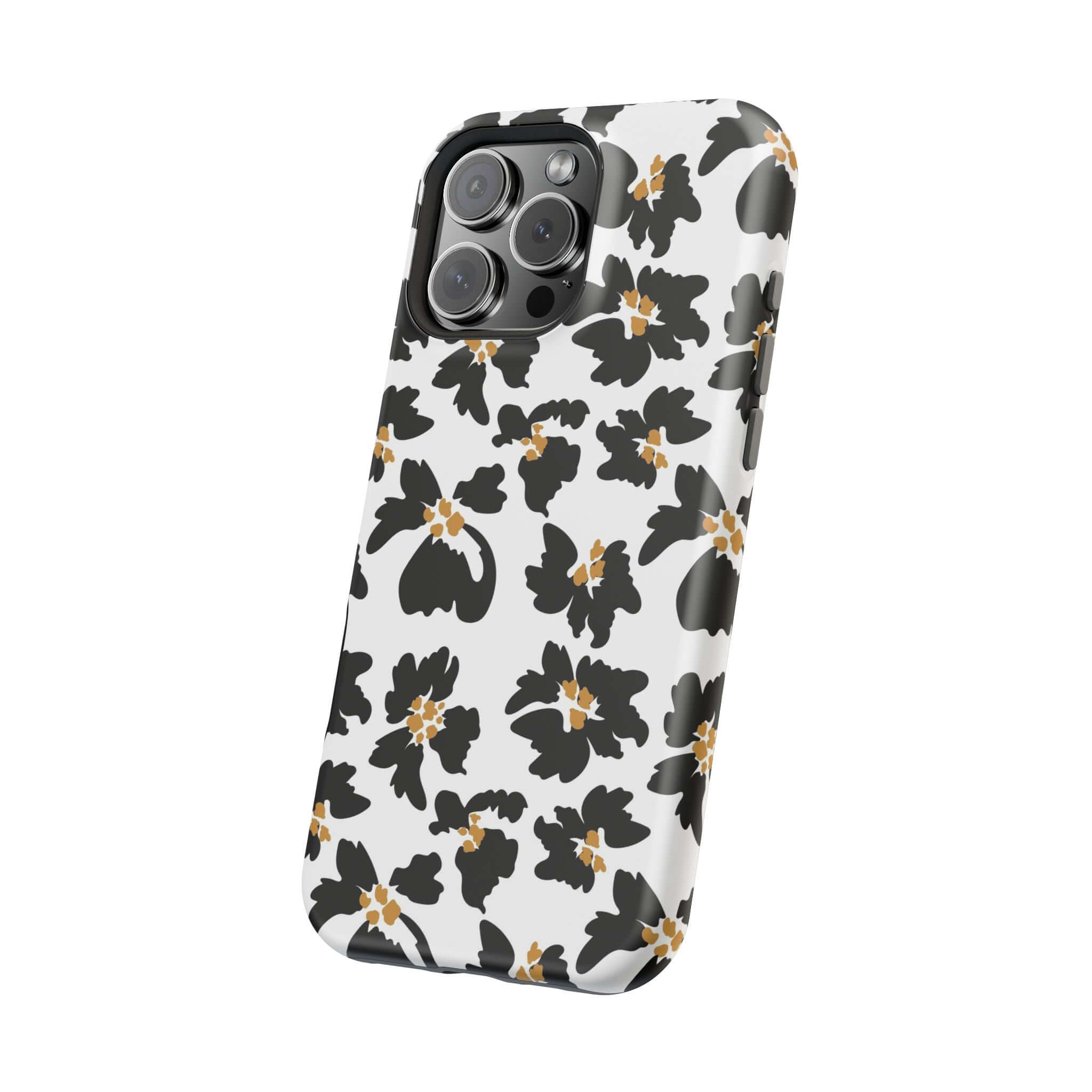 Noir Flora Black Floral Case for iPhone with modern animal print design, perfect cute MagSafe case for stylish phone protection.