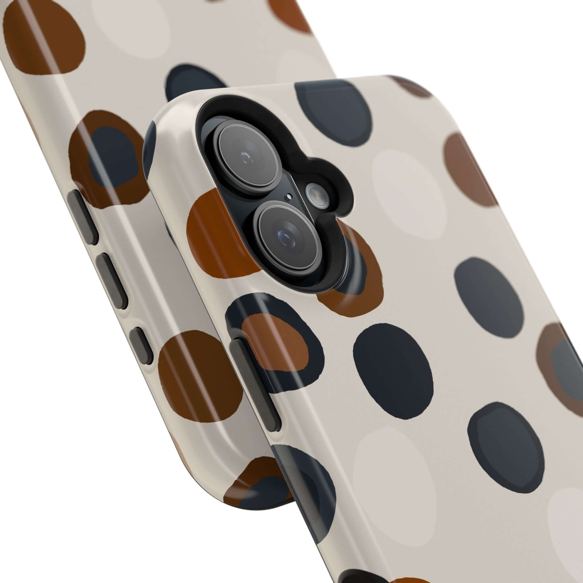 Chic modern spots iPhone case with brown and dark abstract dots, perfect for fashion-forward adventurers seeking a cute and colorful design.